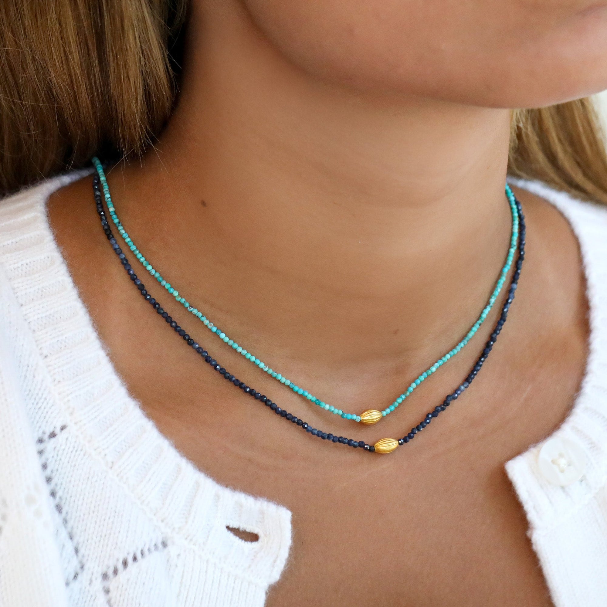 Faceted Turquoise Beaded Necklace with 18K Carved Marquise Bead - Peridot Fine Jewelry - Margaret Solow Jewelry