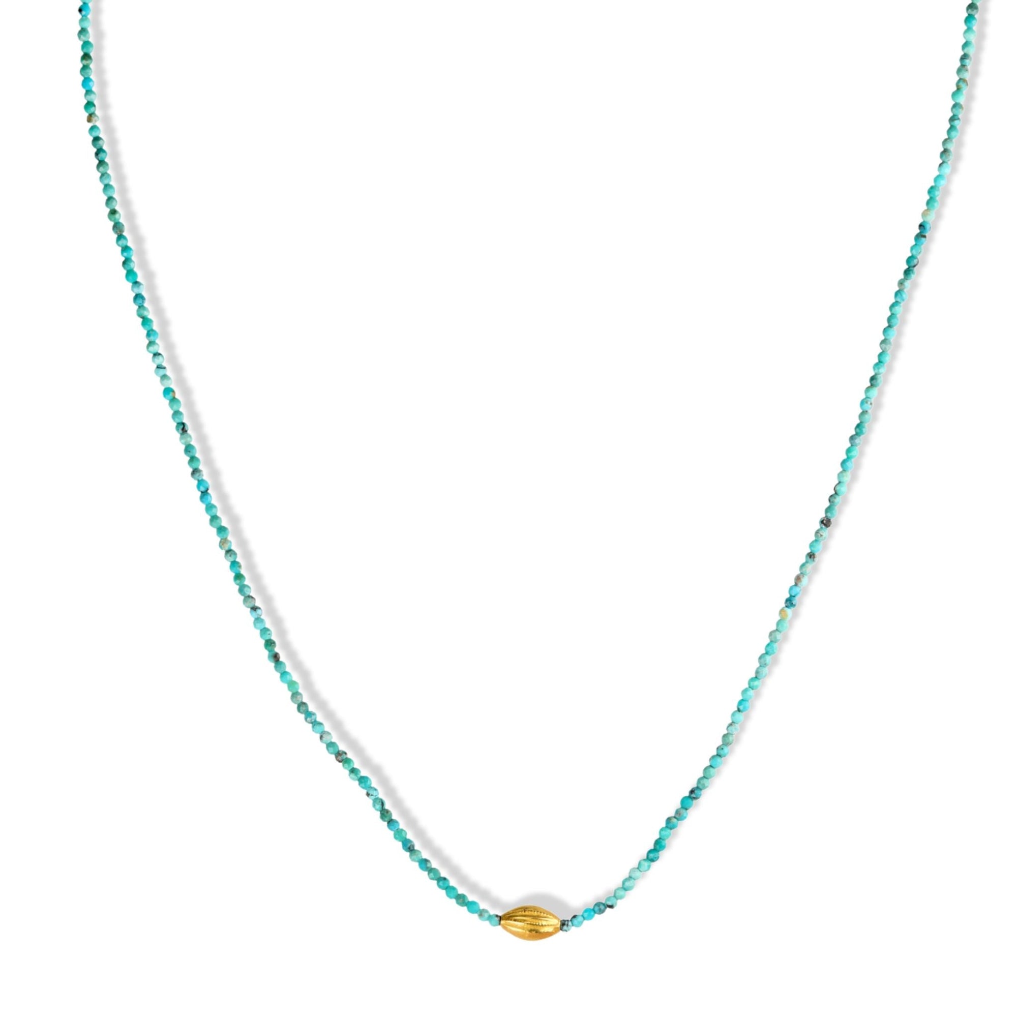 Faceted Turquoise Beaded Necklace with 18K Carved Marquise Bead - Peridot Fine Jewelry - Margaret Solow Jewelry