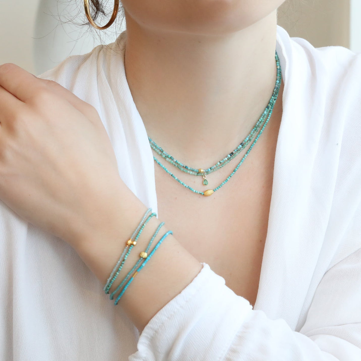 Faceted Turquoise Beaded Necklace with 18K Lined Oval Bead - Peridot Fine Jewelry - Margaret Solow Jewelry