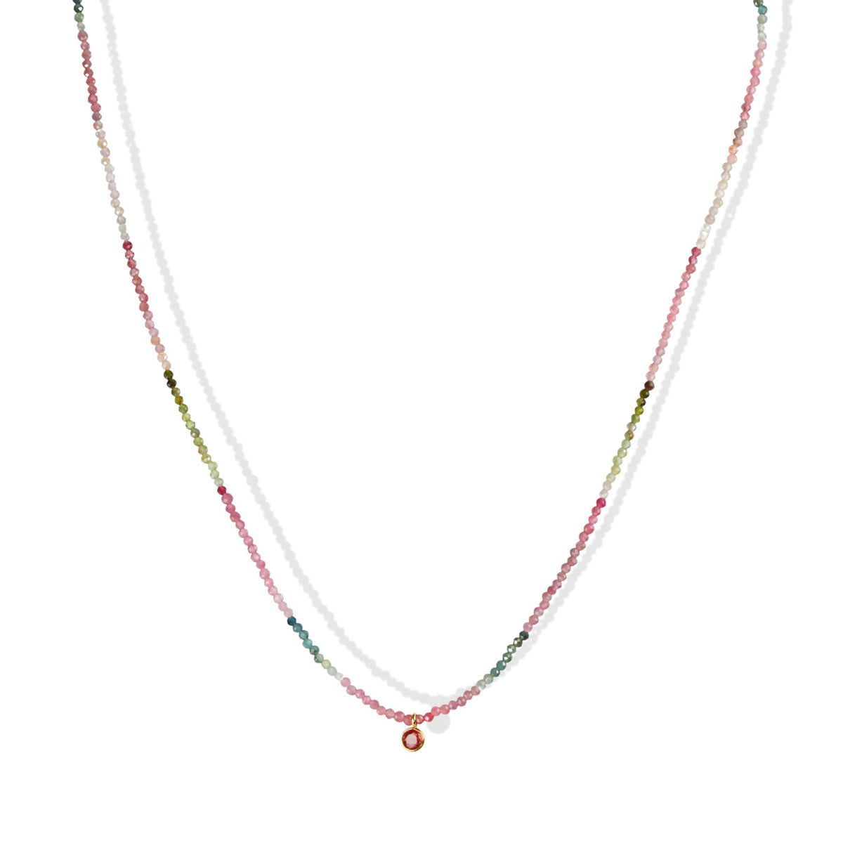 Faceted Watermelon Tourmaline Beaded Necklace with 18K Bezel-Set Pink Sapphire Charm - Peridot Fine Jewelry - Margaret Solow Jewelry