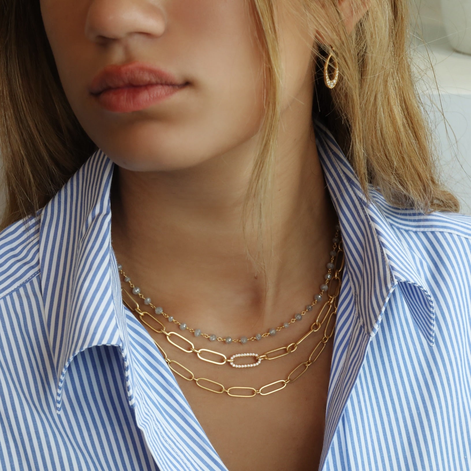 Flattened Paperclip Link Necklace with Pave Diamond Link - Peridot Fine Jewelry - Caroline Ellen