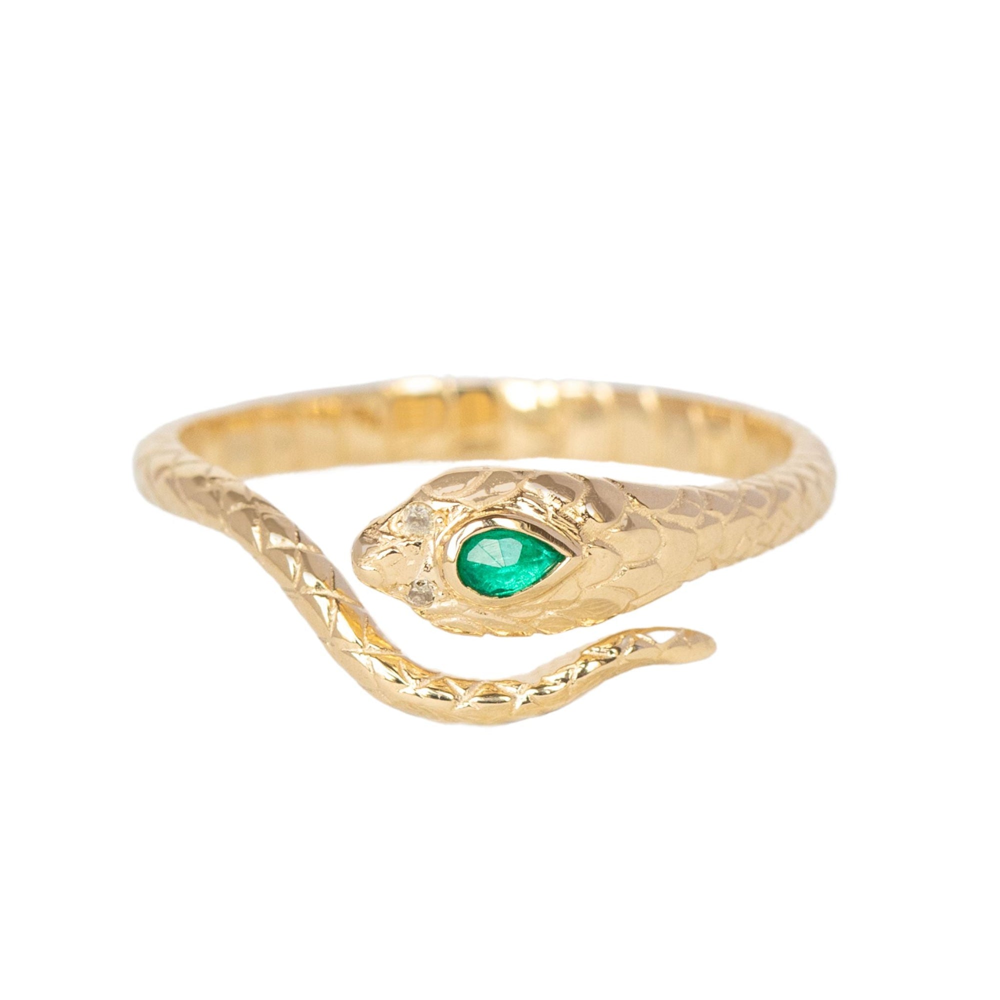 Gold Engraved &quot;Cobra&quot; Ring with Emerald &amp; Diamond Details - Peridot Fine Jewelry - Celine Daoust