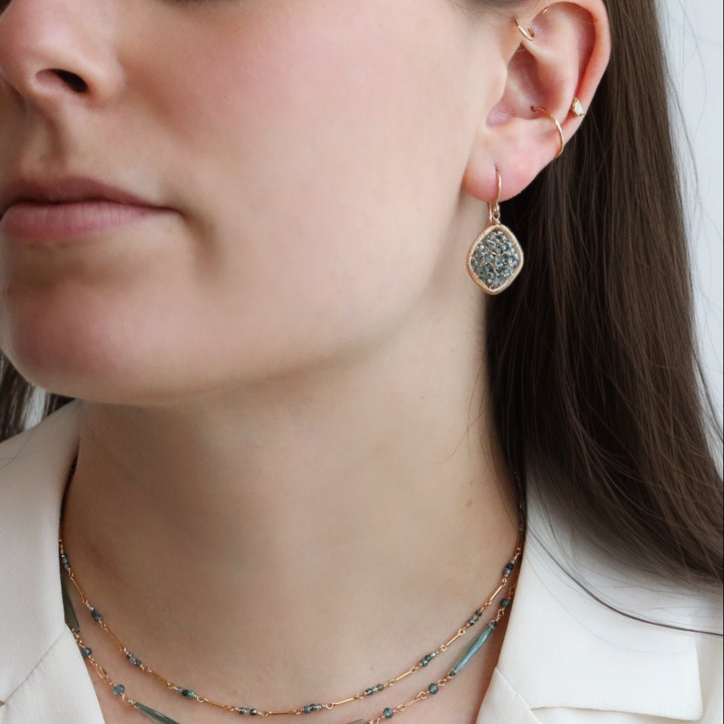 Gold Fill & Blue Swarovski Crystal Beaded Front - Facing Marquise Shaped Earrrings - Peridot Fine Jewelry - Dana Kellin