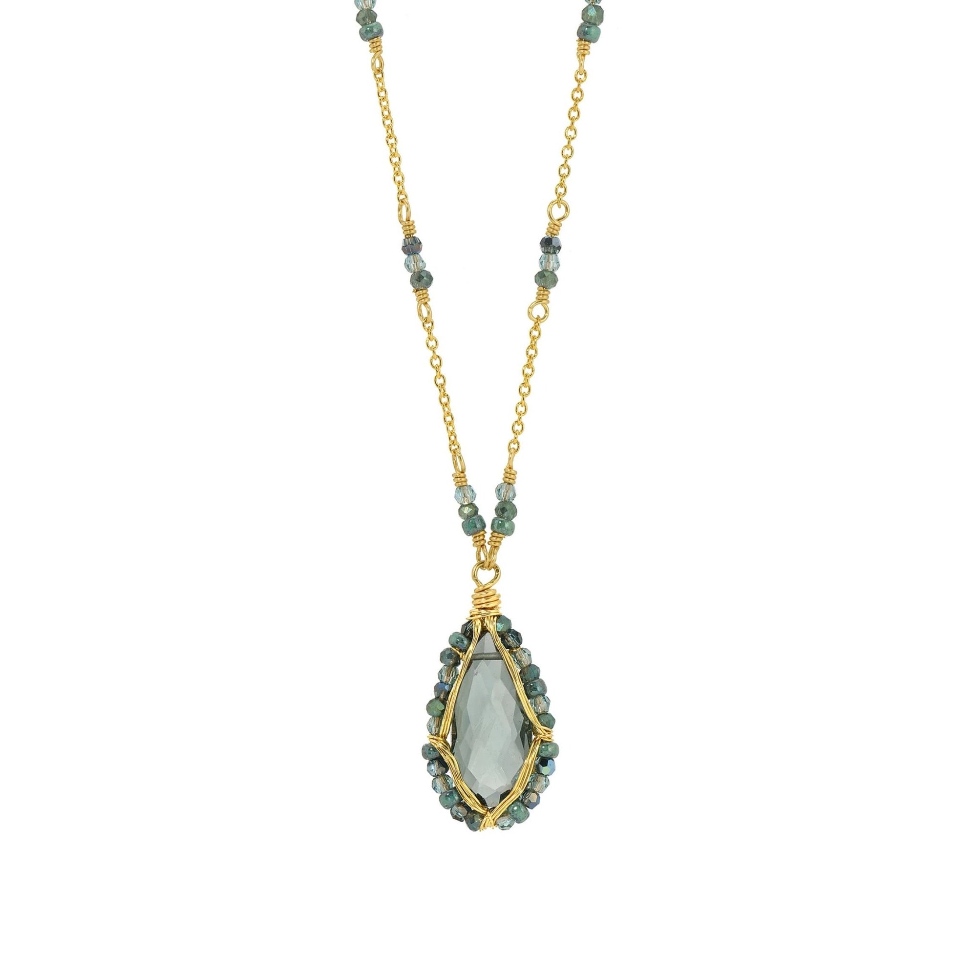 Gold Fill &amp; Elongated Teardrop London Blue Quartz Pendant Necklace Featuring "Indigo Mix" Beads - Peridot Fine Jewelry - Dana Kellin