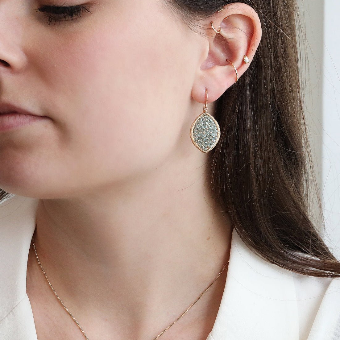 Gold Fill Front - Facing Marquise Shaped Earrrings Featuring Blue Crystal Beads - Peridot Fine Jewelry - Dana Kellin