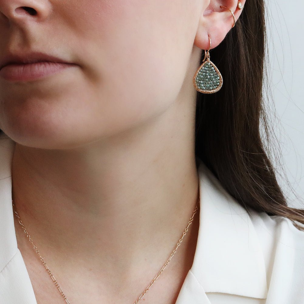 Gold Fill Front - Facing Teardrop Earrrings with Blue - Green "Spring Mix" Beads - Peridot Fine Jewelry - Dana Kellin