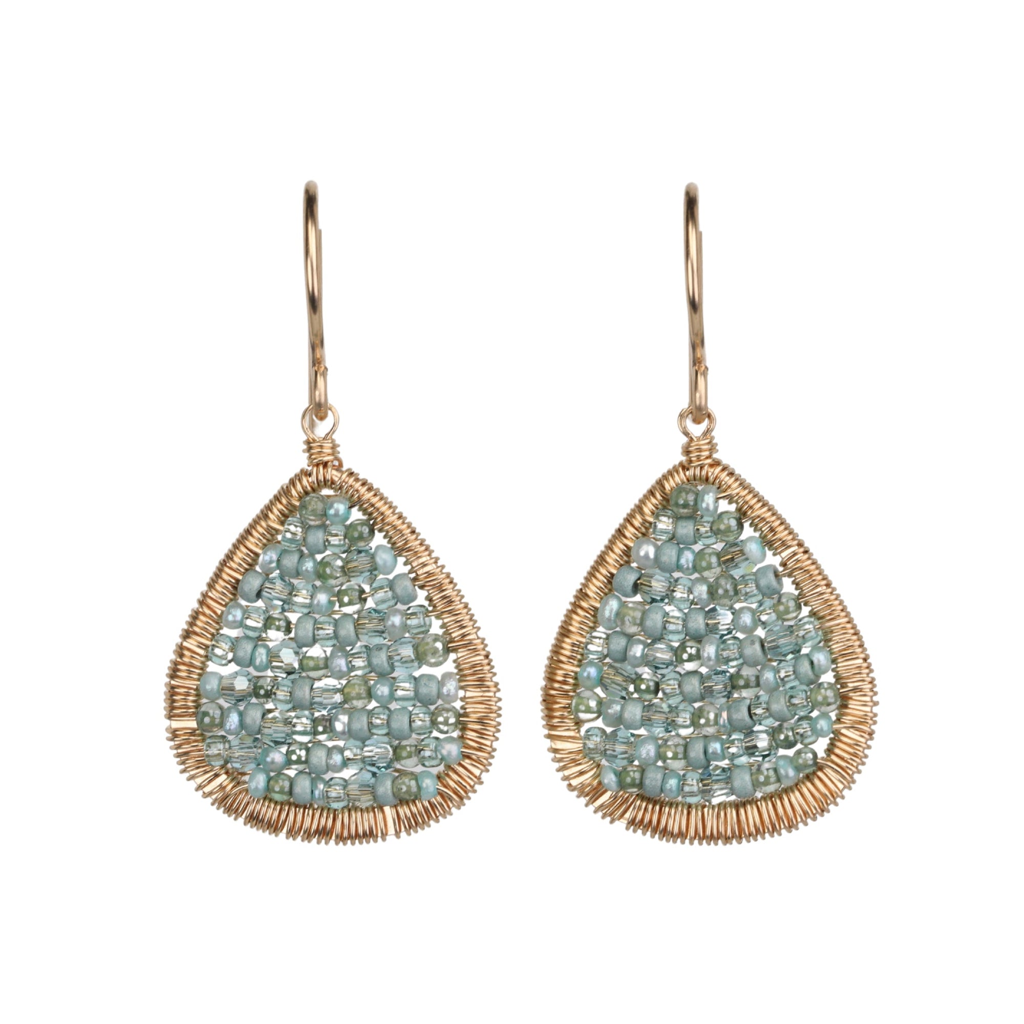 Gold Fill Front - Facing Teardrop Earrrings with Blue - Green "Spring Mix" Beads - Peridot Fine Jewelry - Dana Kellin