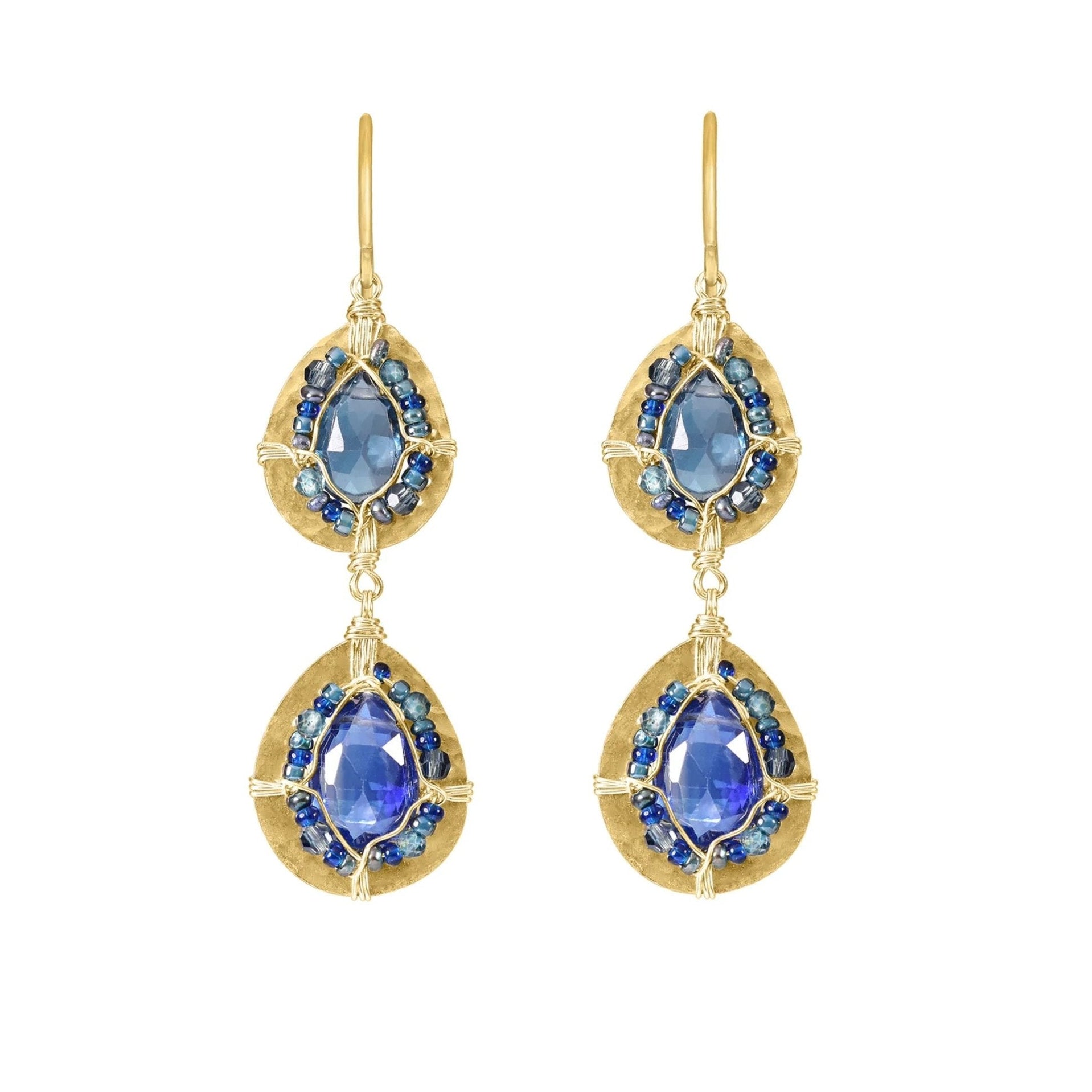 Gold Fill Hammered Double Teardrop Disc Earrings with Kyanite Beads - Peridot Fine Jewelry - Dana Kellin