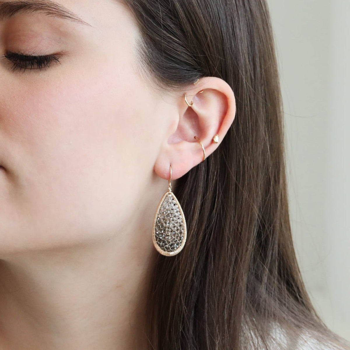 Gold Fill Large Front-Facing Teardrop Earrrings with "Pewter Mix" Beads - Peridot Fine Jewelry - Dana Kellin
