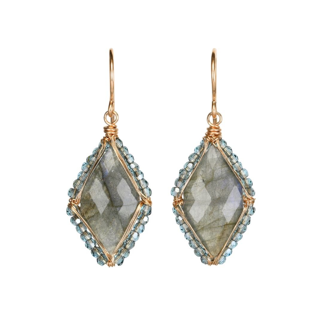 Gold Fill &amp; Marquise - Shaped Faceted Labradorite Drop Earrings with Halo of Kyanite &amp; Crystal Beads - Peridot Fine Jewelry - Dana Kellin