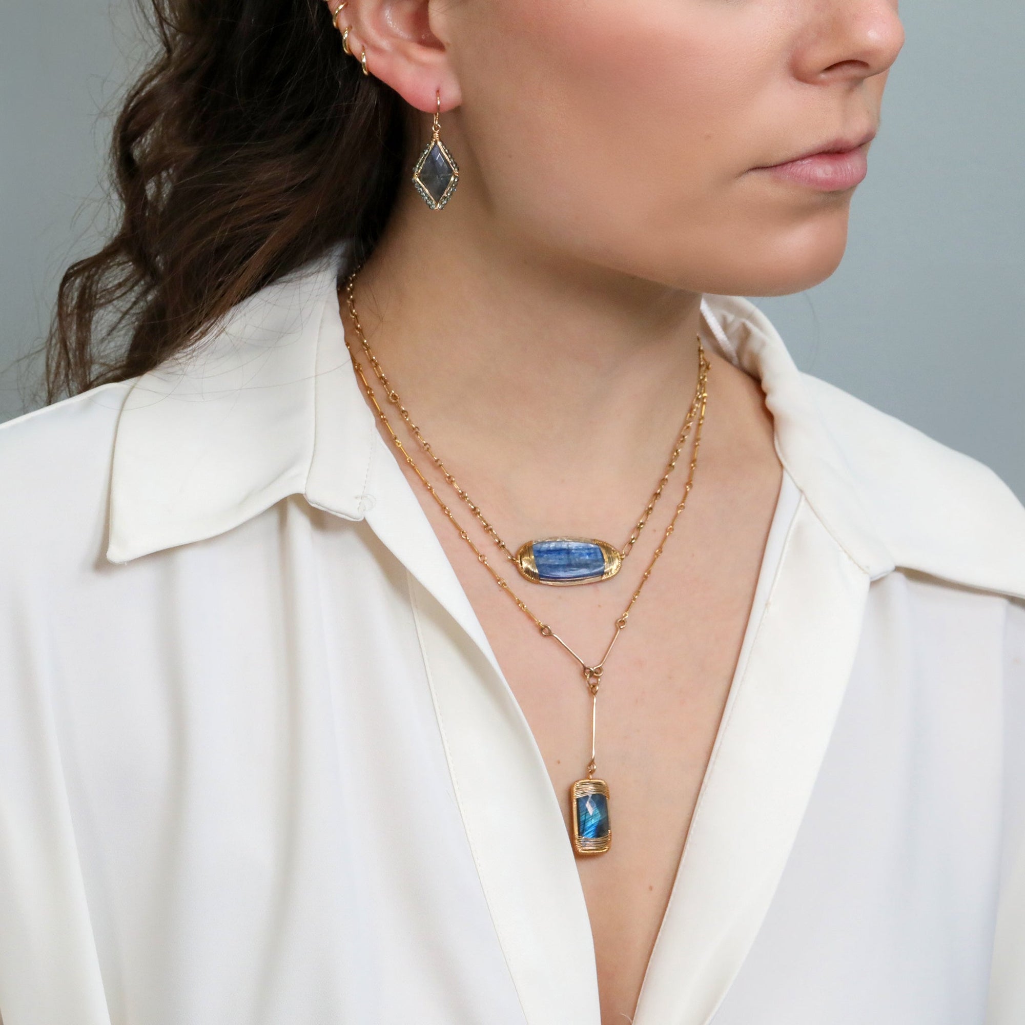 Gold Fill &amp; Marquise - Shaped Faceted Labradorite Drop Earrings with Halo of Kyanite &amp; Crystal Beads - Peridot Fine Jewelry - Dana Kellin