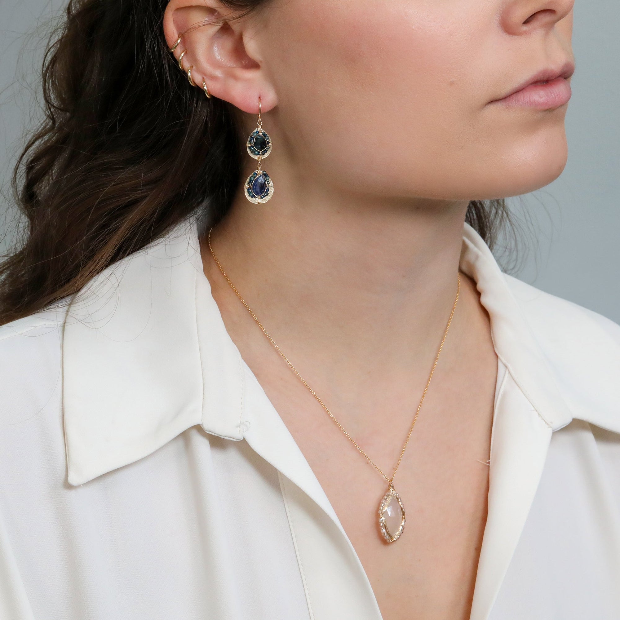 Gold Fill &amp; Marquise - Shaped Natural Chalcedony Pendant Necklace with Silvery Clear Crystal Beaded Halo - Peridot Fine Jewelry - Dana Kellin