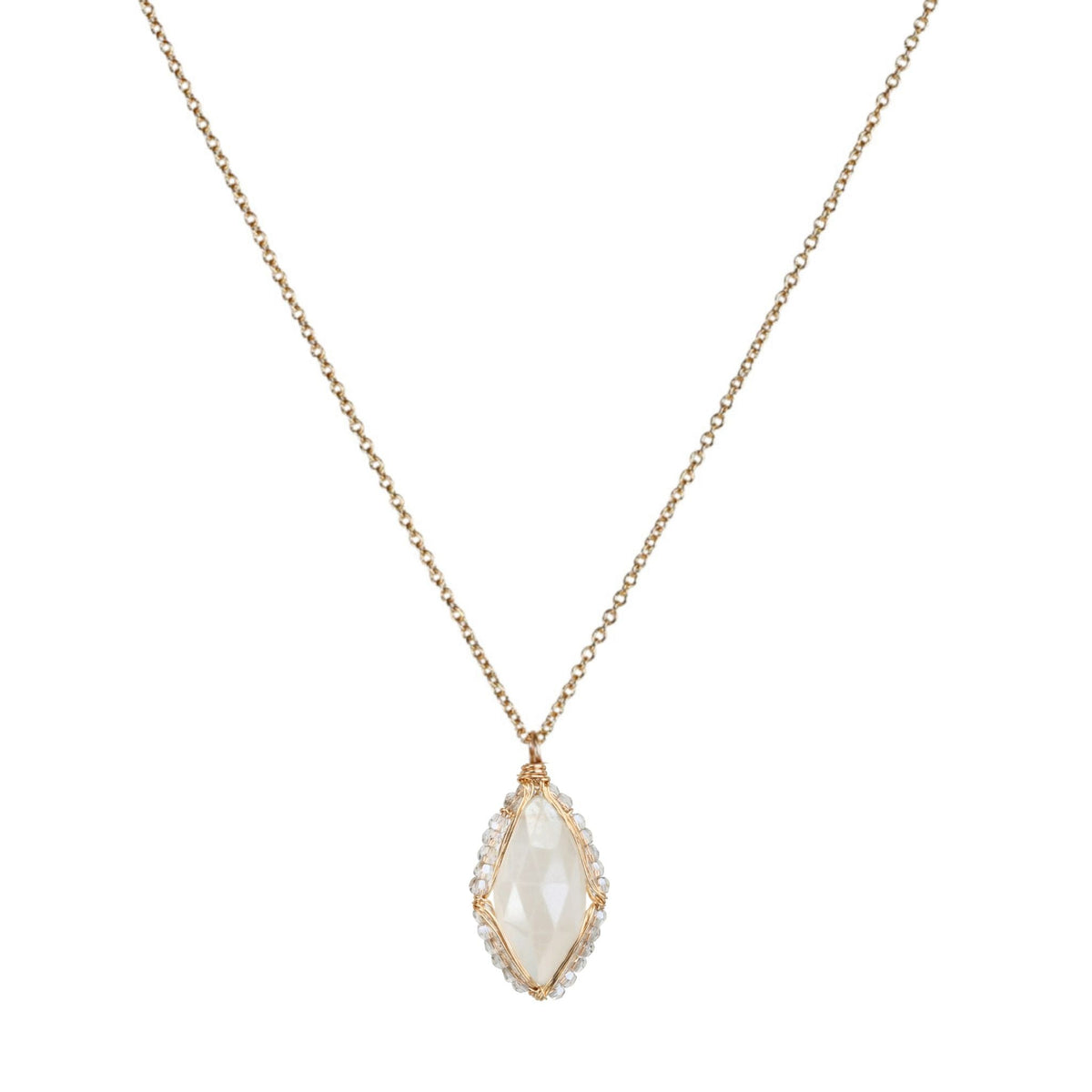 Gold Fill &amp; Marquise - Shaped Natural Chalcedony Pendant Necklace with Silvery Clear Crystal Beaded Halo - Peridot Fine Jewelry - Dana Kellin
