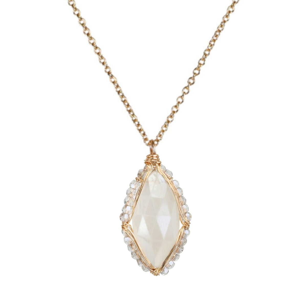Gold Fill &amp; Marquise - Shaped Natural Chalcedony Pendant Necklace with Silvery Clear Crystal Beaded Halo - Peridot Fine Jewelry - Dana Kellin