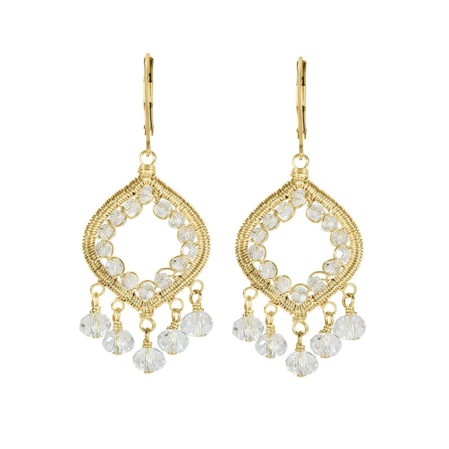 Gold Fill Open Marquise - Shaped Drop Earrings with Inner Silvery - Grey Crystal Beaded Border &amp; "Fringe" - Peridot Fine Jewelry - Dana Kellin