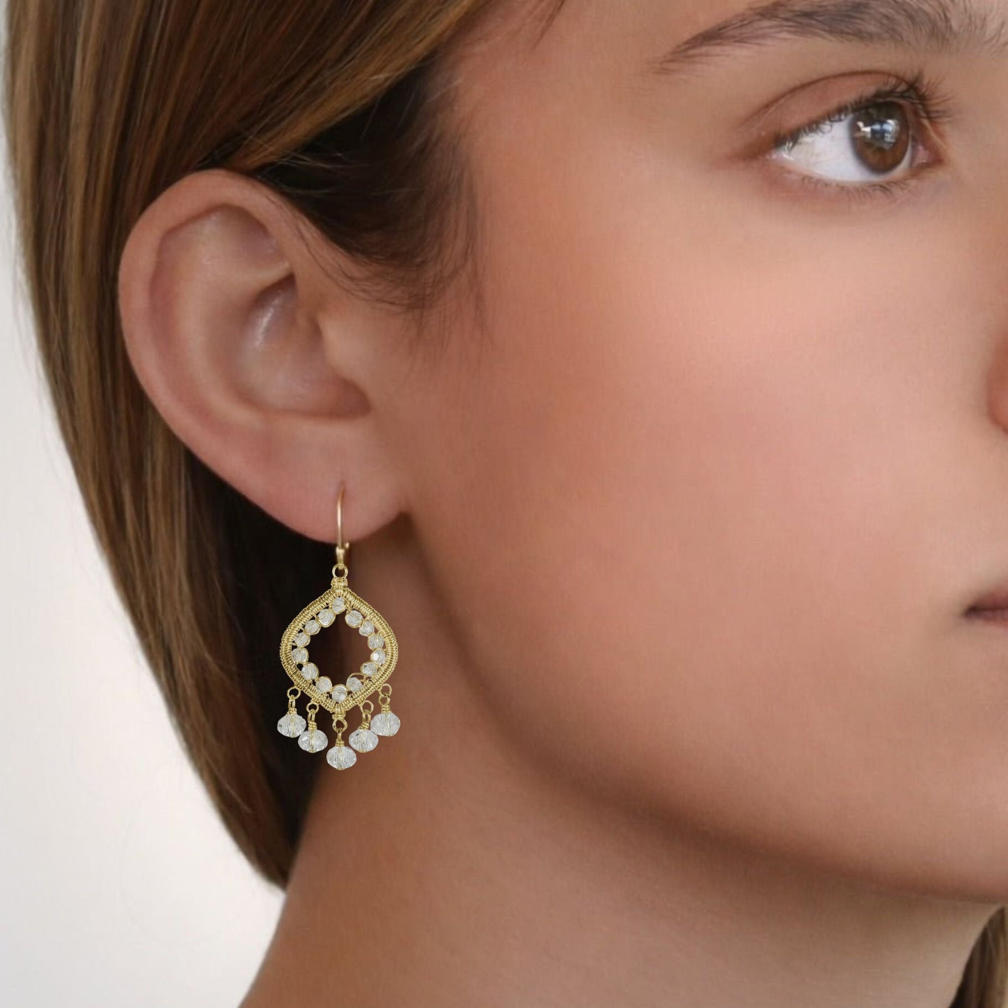Gold Fill Open Marquise - Shaped Drop Earrings with Inner Silvery - Grey Crystal Beaded Border &amp; "Fringe" - Peridot Fine Jewelry - Dana Kellin