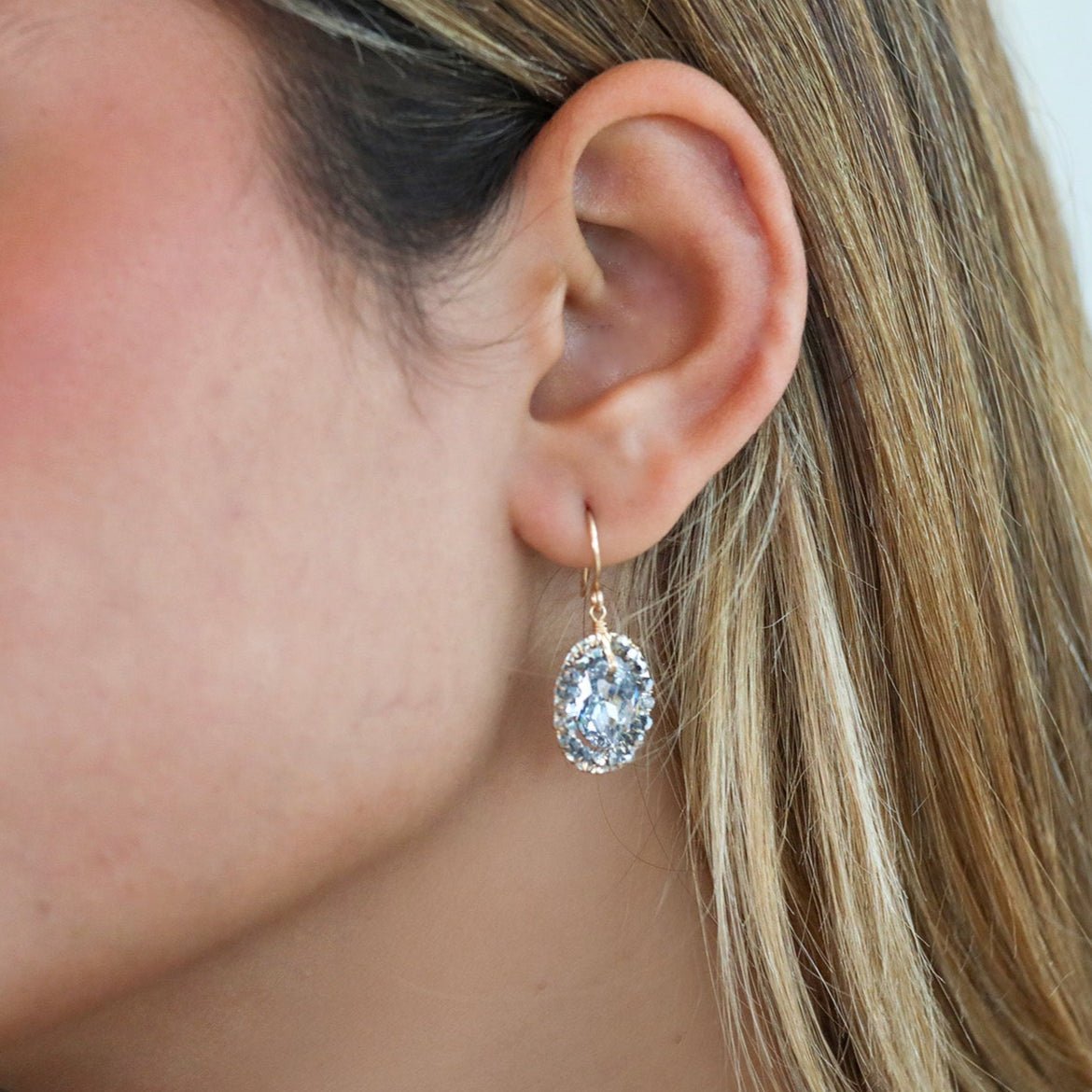 Gold Fill &amp; Oval Shaped Crystal Drop Earrings Featuring Seed Bead Halo - Peridot Fine Jewelry - Dana Kellin