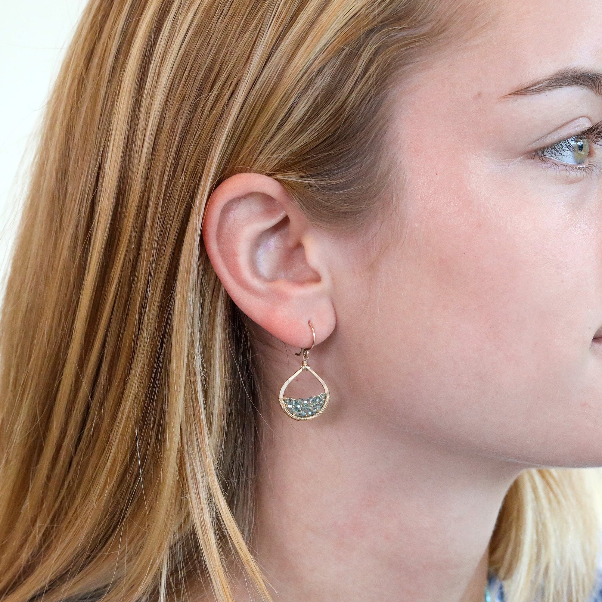 Gold Fill Small Open Teardrop Hoop Earrrings with Blue Crystal Beads - Peridot Fine Jewelry - Dana Kellin