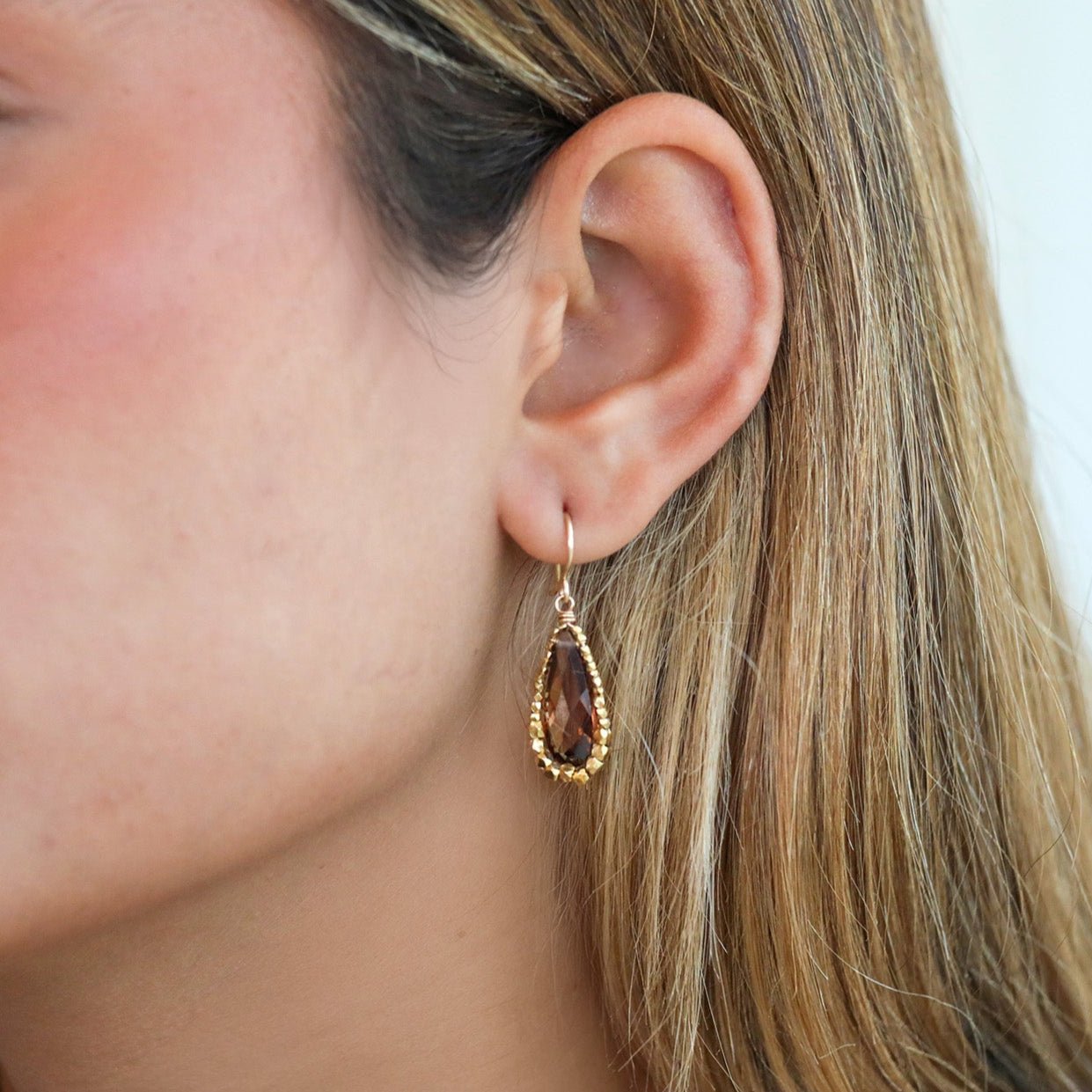 Gold Fill &amp; Teardop Shaped Smoky Zircon Drop Earrings with Seed Bead Halo - Peridot Fine Jewelry - Dana Kellin