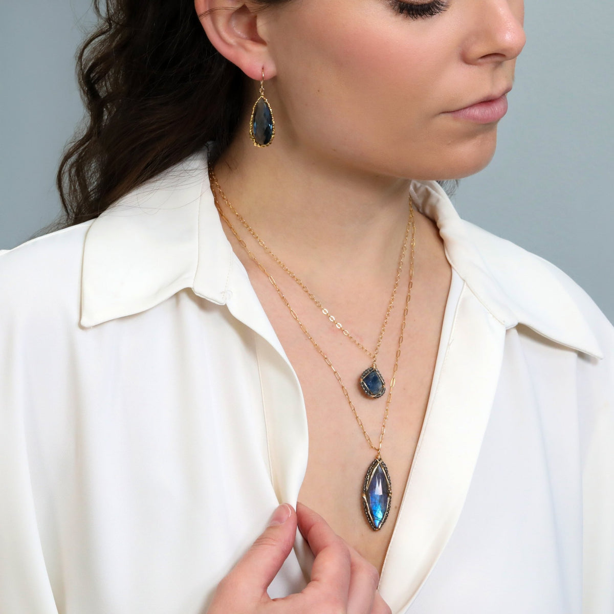 Gold Fill &amp; Teardrop London Blue Quartz Drop Earrings with Graduated Gold Fill Beaded Halo - Peridot Fine Jewelry - Dana Kellin