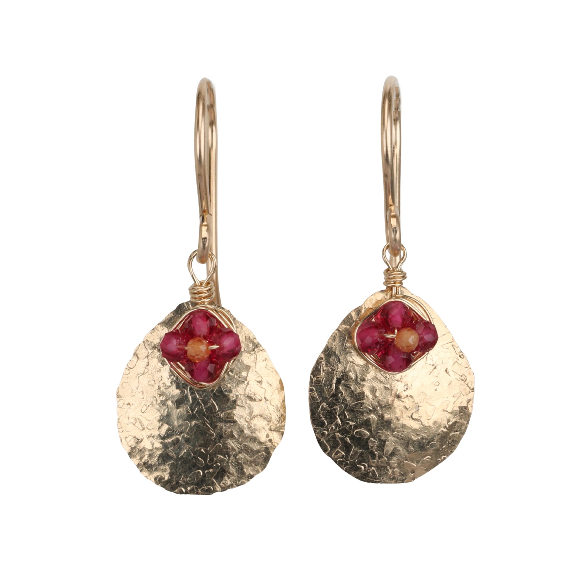 Gold Fill Textured Teardrop Disc Drop Earrings with Ruby, Sapphire, and Garnet Beads - Peridot Fine Jewelry - Dana Kellin