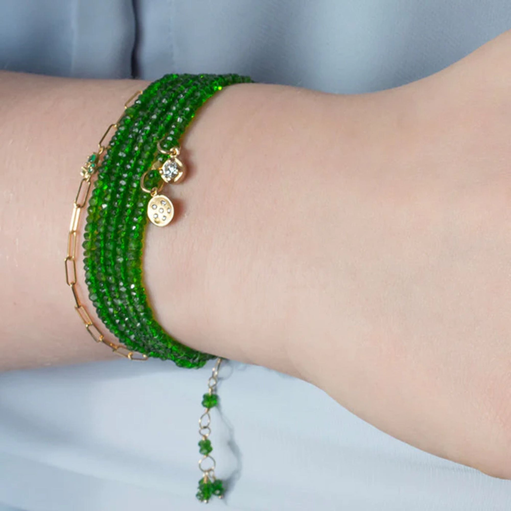 Gold &quot;Tiny Trio Festival&quot; Bracelet with Three Emeralds - Peridot Fine Jewelry - Anne Sportun
