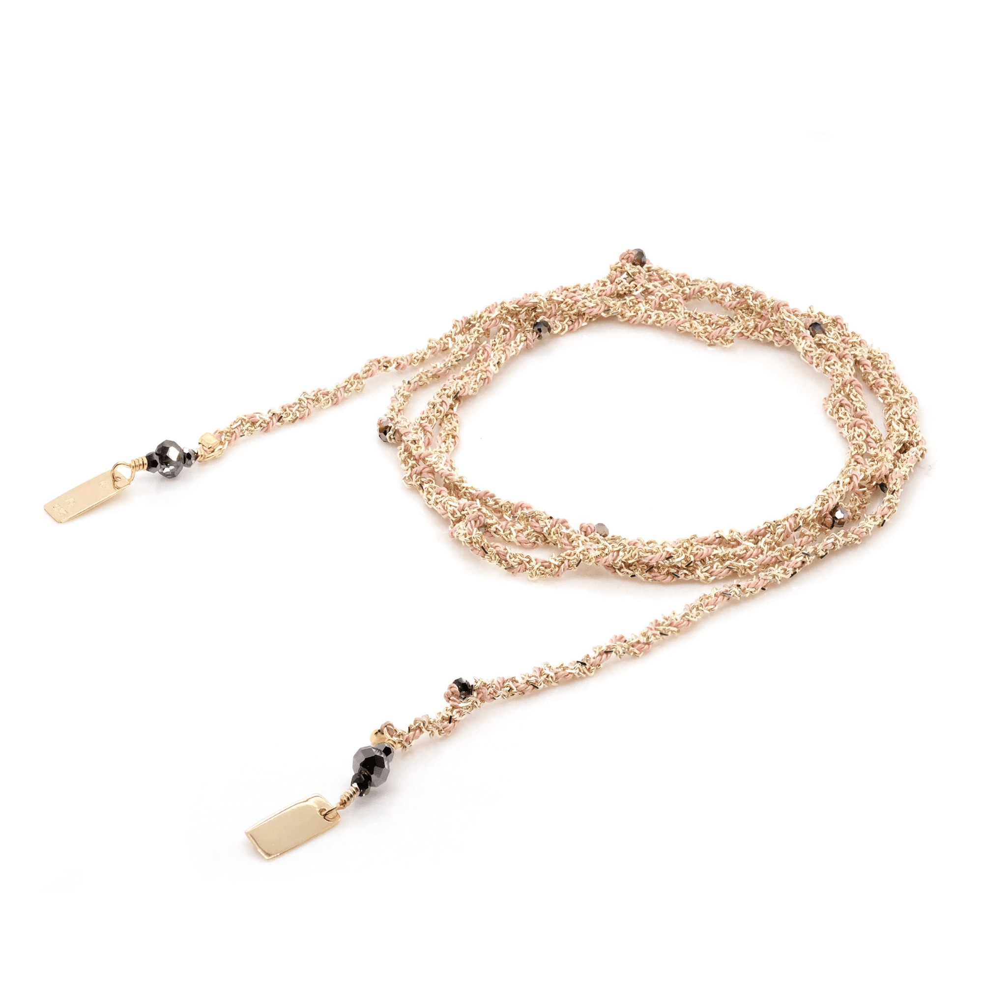 Gold Vermeil and Nude Silk Woven Tie Necklace with Crystal Accent Beads - Peridot Fine Jewelry - Marie Laure Chamorel
