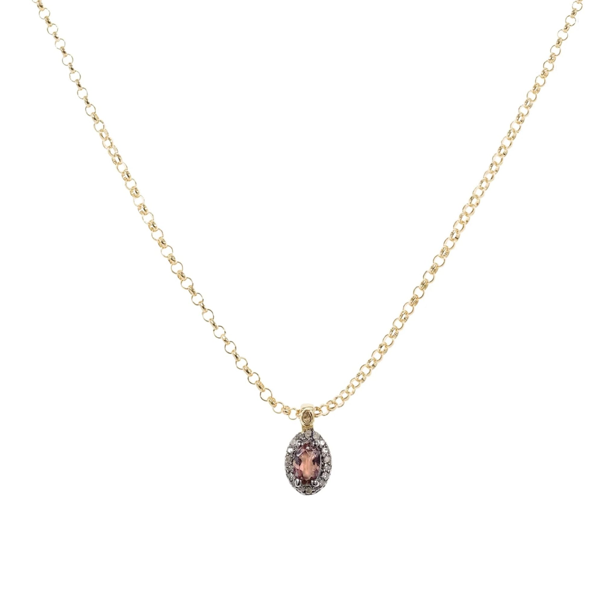 Gold Vermeil and Oval Pink Tourmaline Charm Necklace with Blackened Pave Diamond Halo &amp; Polki Diamond Bale - Peridot Fine Jewelry - Marie Laure Chamorel