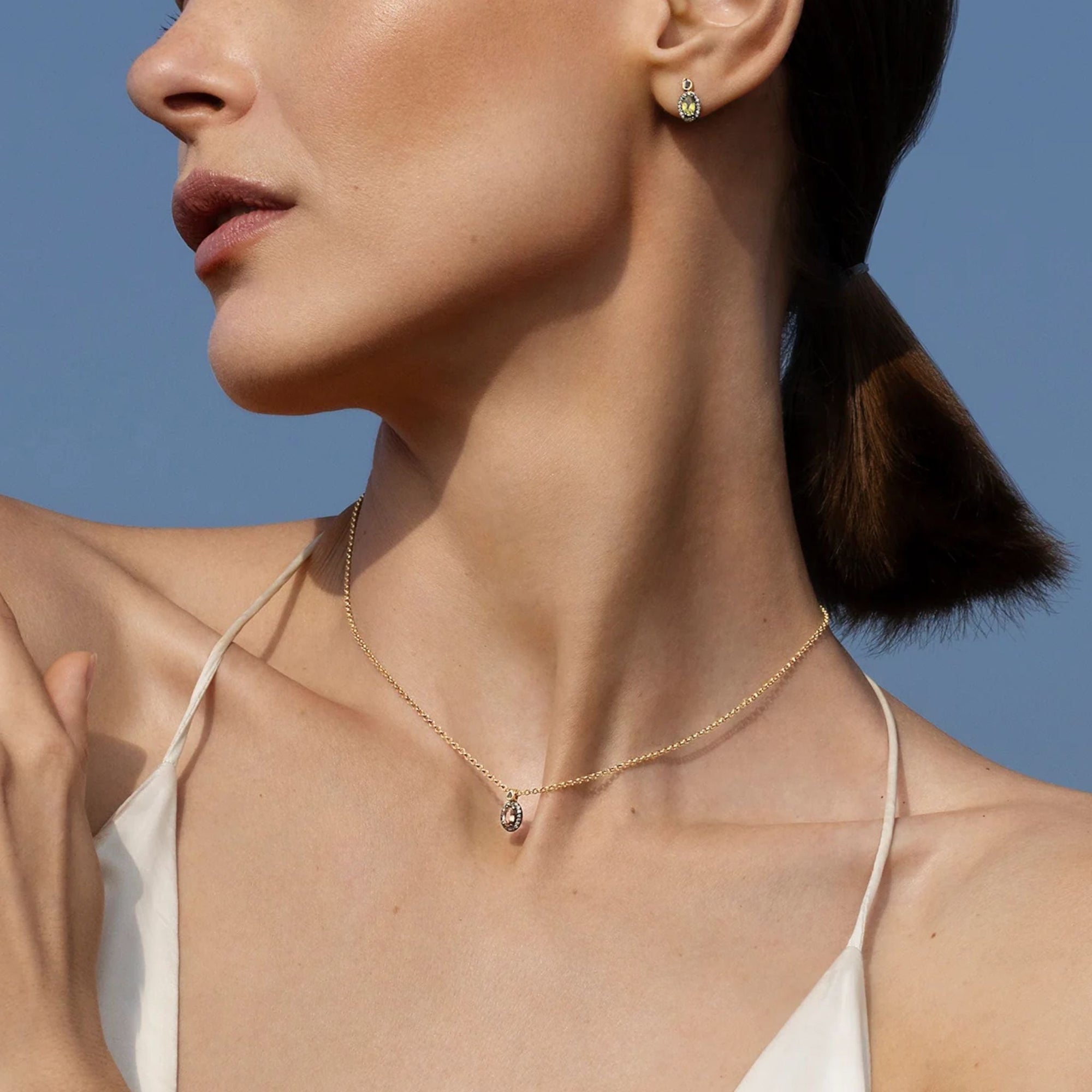 Gold Vermeil and Oval Pink Tourmaline Charm Necklace with Blackened Pave Diamond Halo &amp; Polki Diamond Bale - Peridot Fine Jewelry - Marie Laure Chamorel