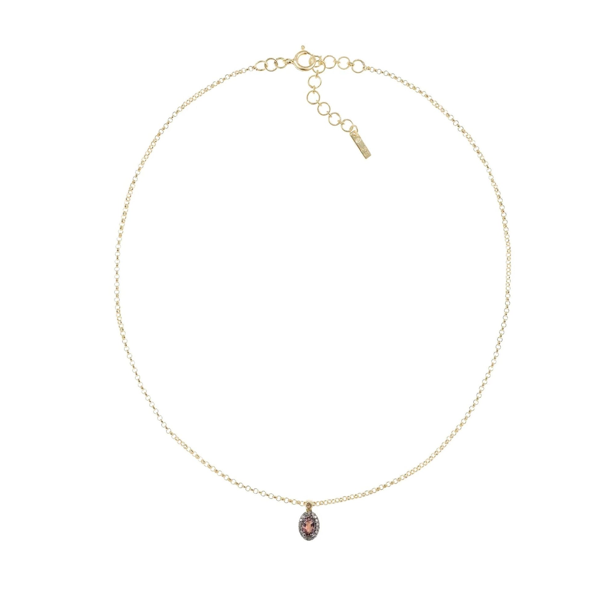 Gold Vermeil and Oval Pink Tourmaline Charm Necklace with Blackened Pave Diamond Halo &amp; Polki Diamond Bale - Peridot Fine Jewelry - Marie Laure Chamorel