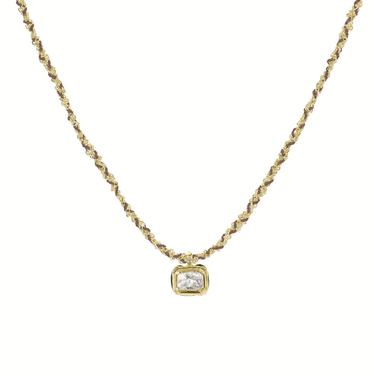 Gold Vermeil &amp; Brown Silk Woven Necklace with Rectangular Bezel-Set Diamond Charm - Peridot Fine Jewelry - Marie Laure Chamorel