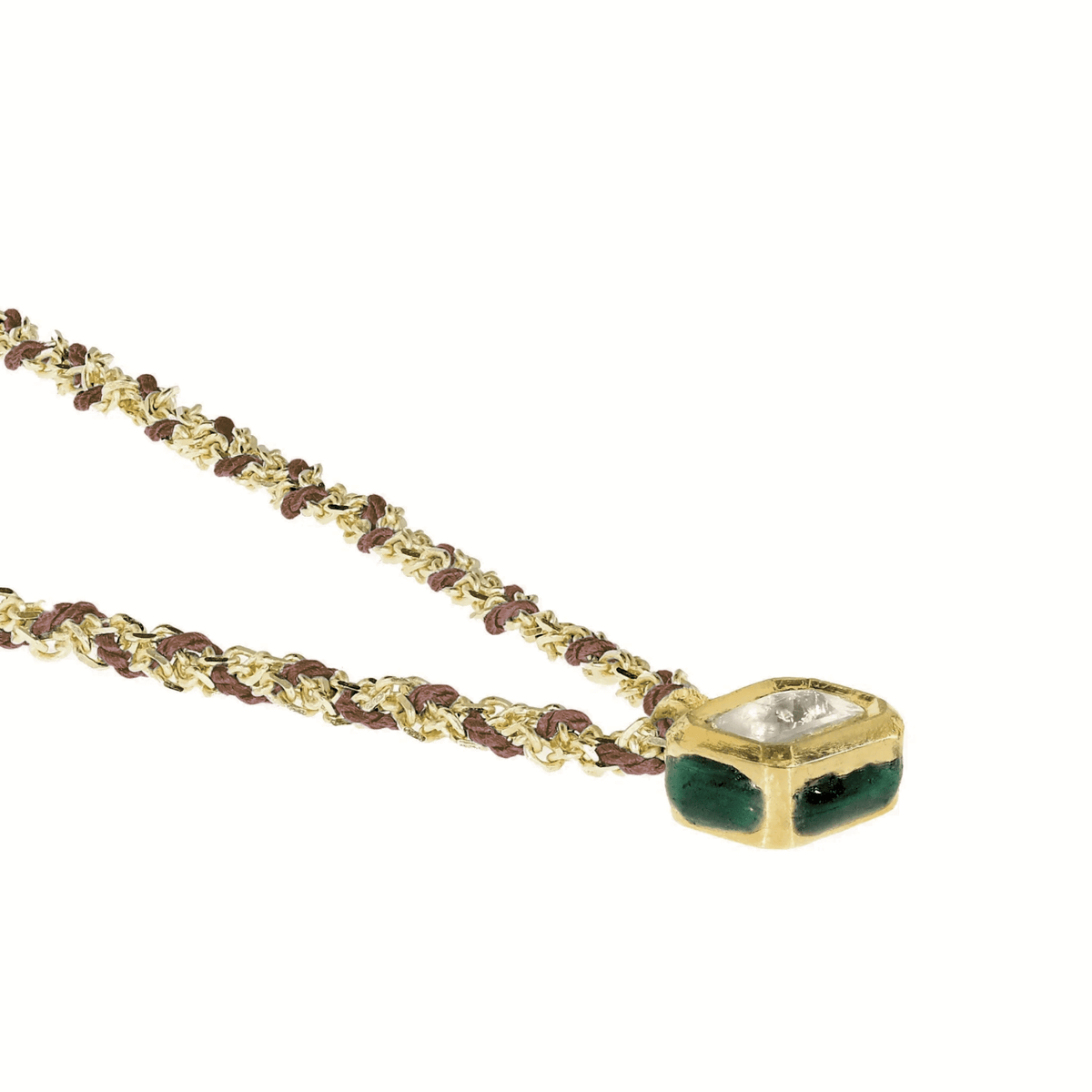 Gold Vermeil &amp; Brown Silk Woven Necklace with Rectangular Bezel-Set Diamond Charm - Peridot Fine Jewelry - Marie Laure Chamorel