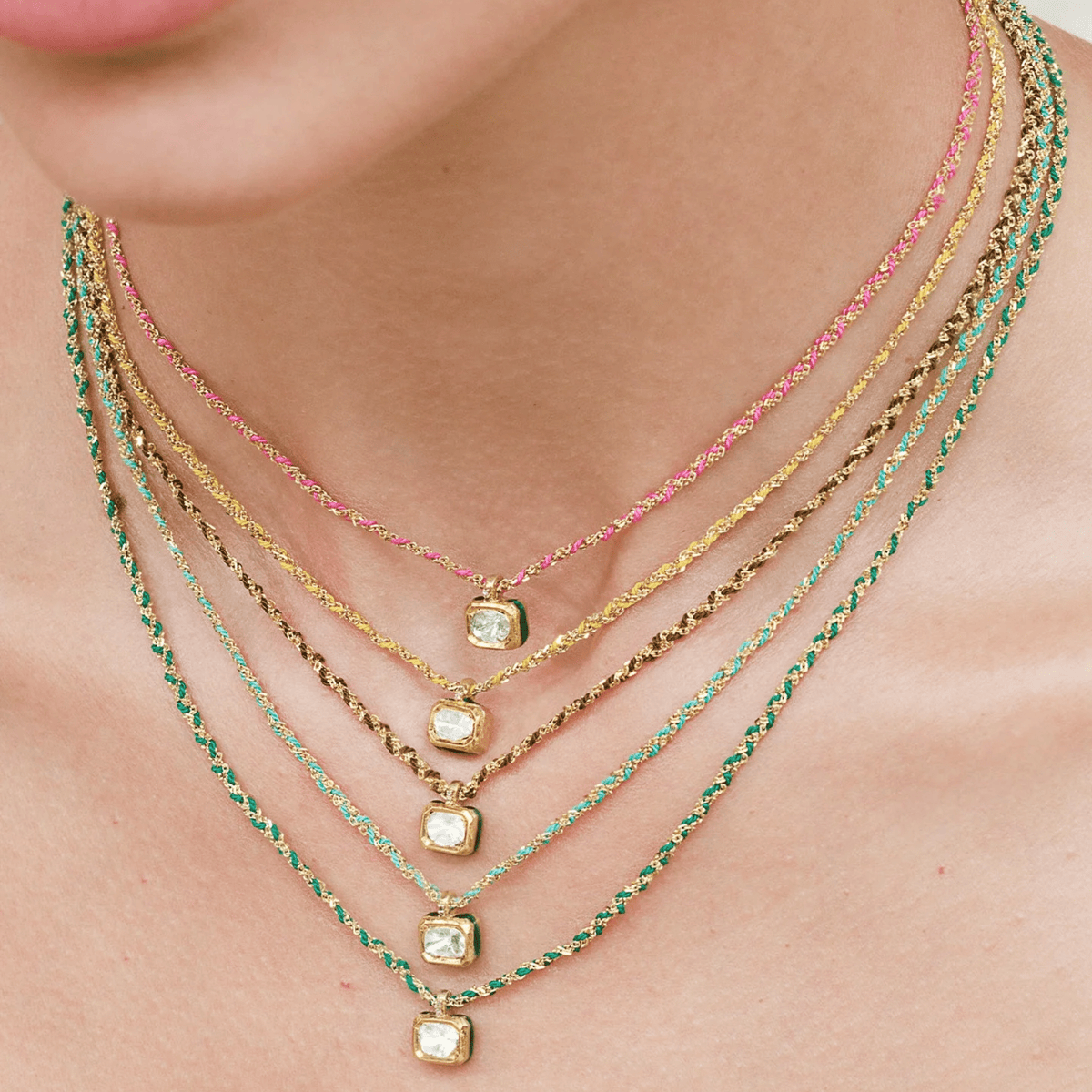 Gold Vermeil &amp; Brown Silk Woven Necklace with Rectangular Bezel-Set Diamond Charm - Peridot Fine Jewelry - Marie Laure Chamorel
