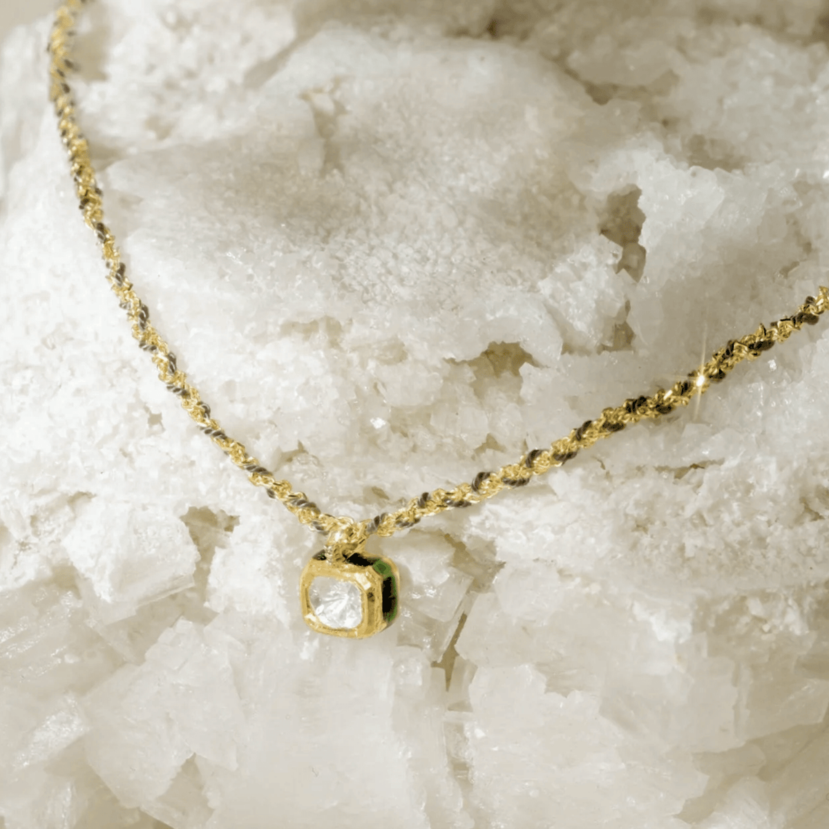 Gold Vermeil &amp; Brown Silk Woven Necklace with Rectangular Bezel-Set Diamond Charm - Peridot Fine Jewelry - Marie Laure Chamorel