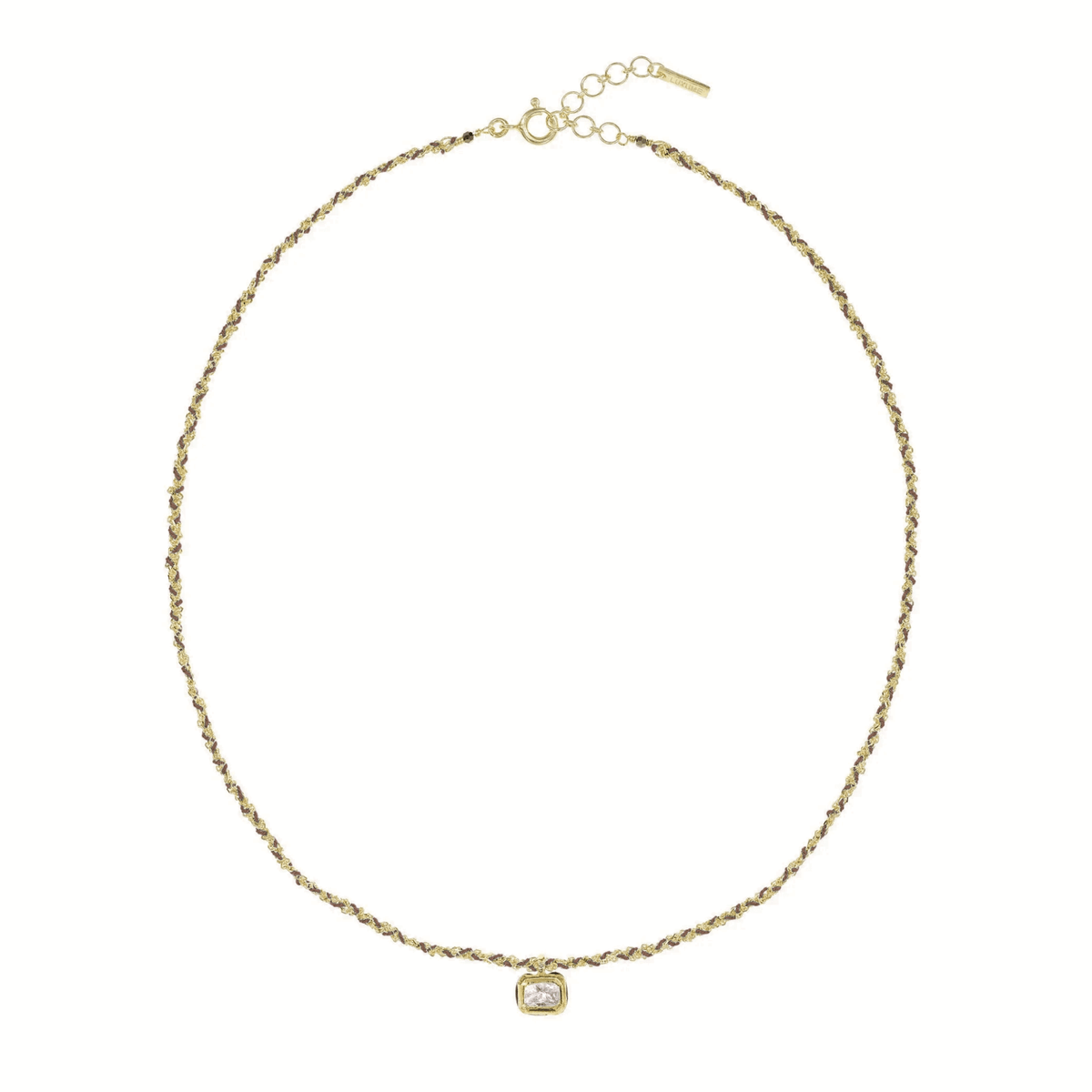 Gold Vermeil &amp; Brown Silk Woven Necklace with Rectangular Bezel-Set Diamond Charm - Peridot Fine Jewelry - Marie Laure Chamorel