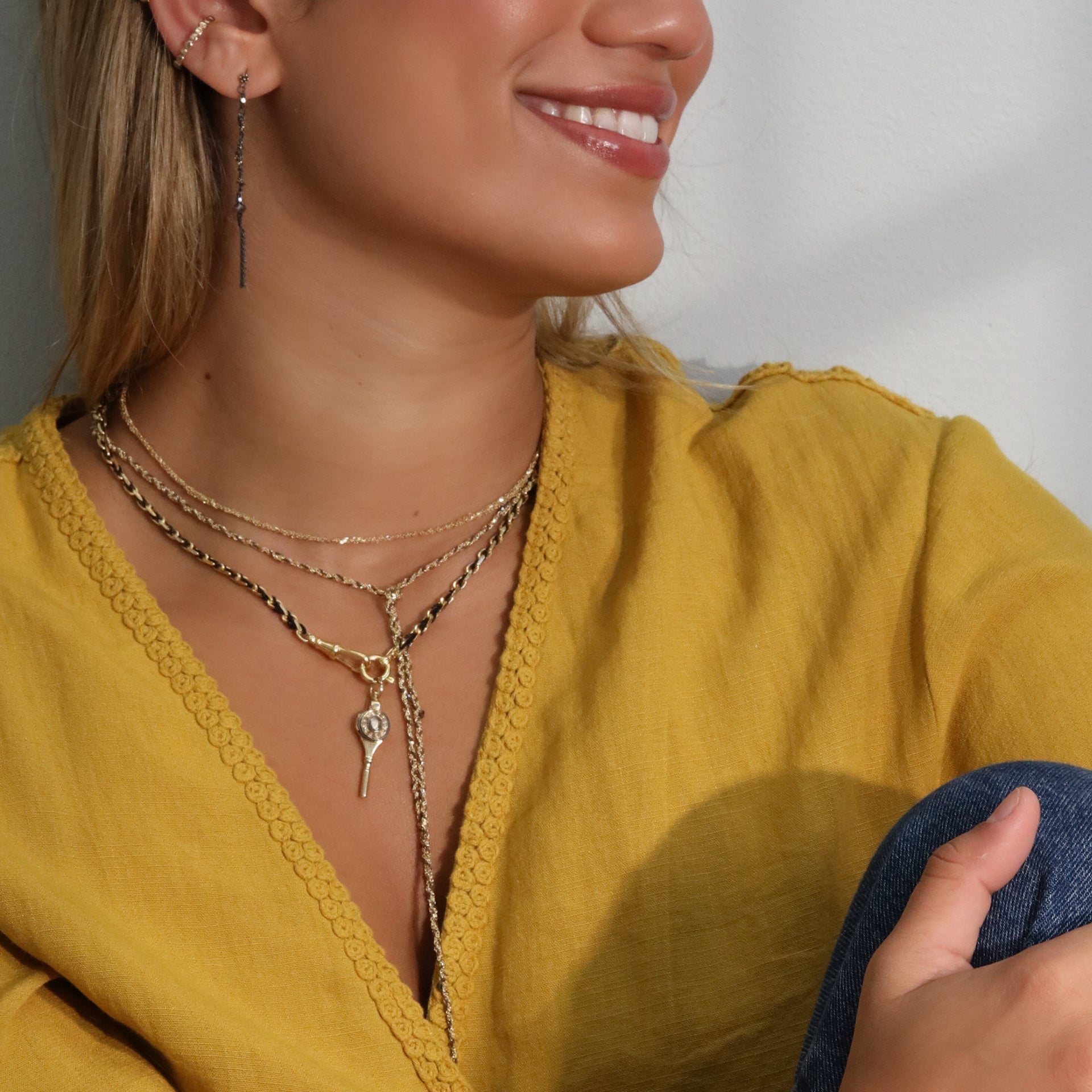 Gold Vermeil &amp; Brown Silk Woven Tie Necklace with Black Crystal Accent Beads - Peridot Fine Jewelry - Marie Laure Chamorel