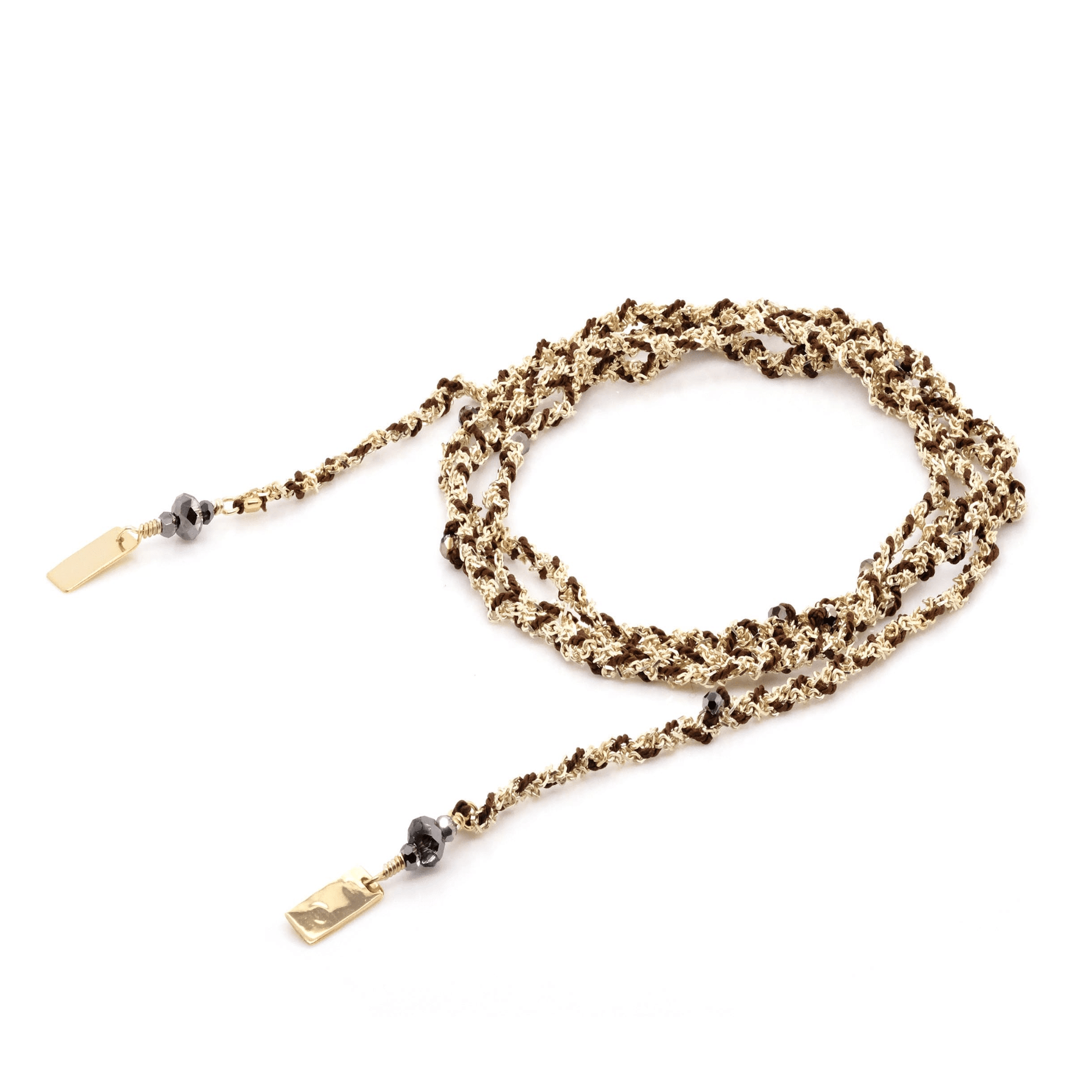 Gold Vermeil &amp; Brown Silk Woven Tie Necklace with Black Crystal Accent Beads - Peridot Fine Jewelry - Marie Laure Chamorel
