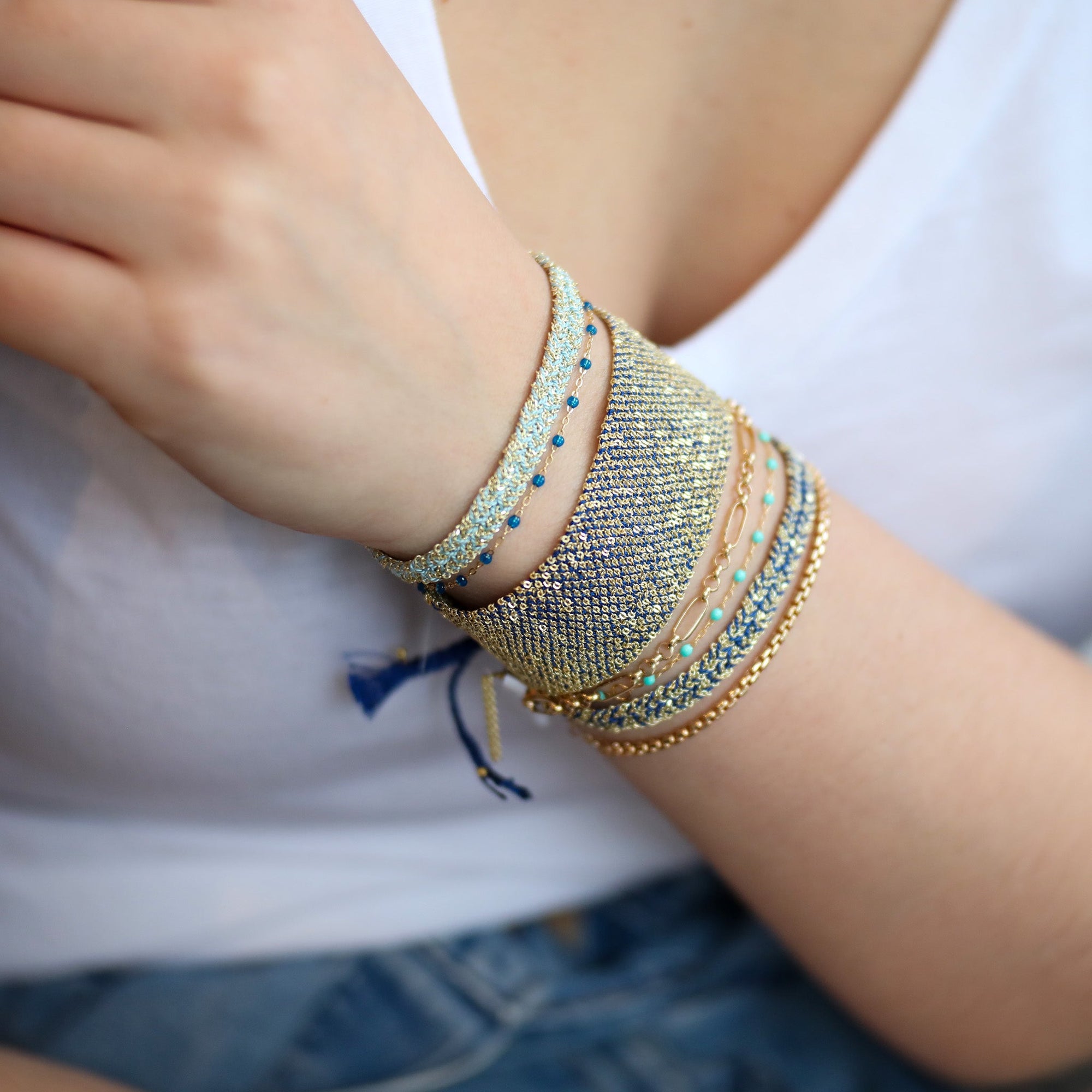 Gold Vermeil Chain and Navy Silk Woven Bracelet - Peridot Fine Jewelry - Marie Laure Chamorel