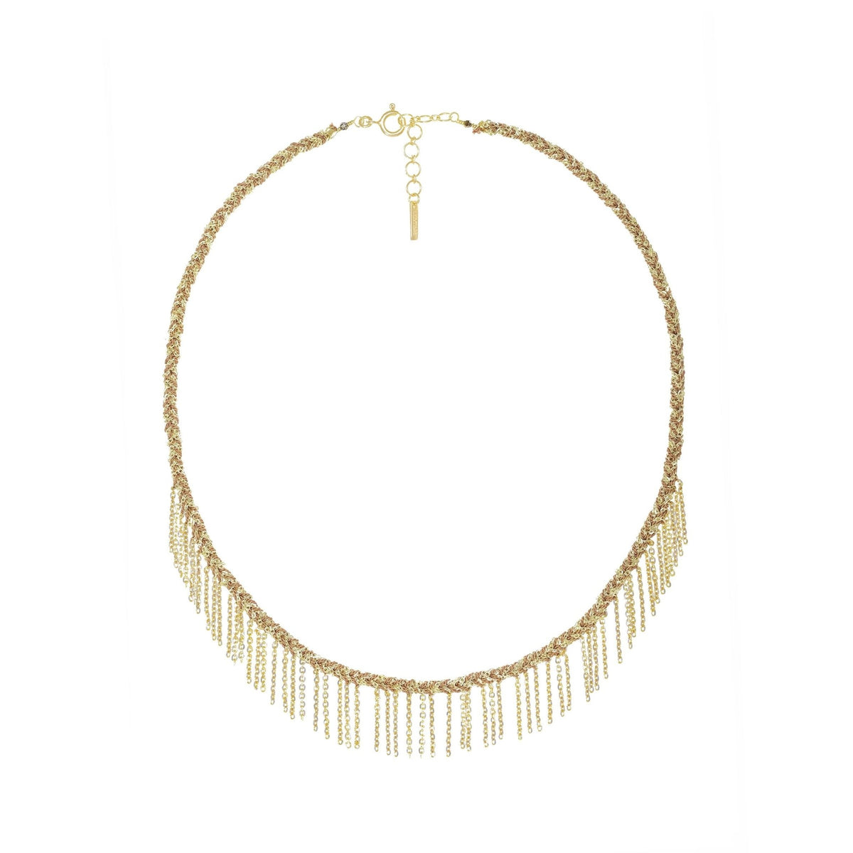 Gold Vermeil Chain & Beige Silk Woven Necklace with Center Chain "Fringe" Section - Peridot Fine Jewelry - Marie Laure Chamorel