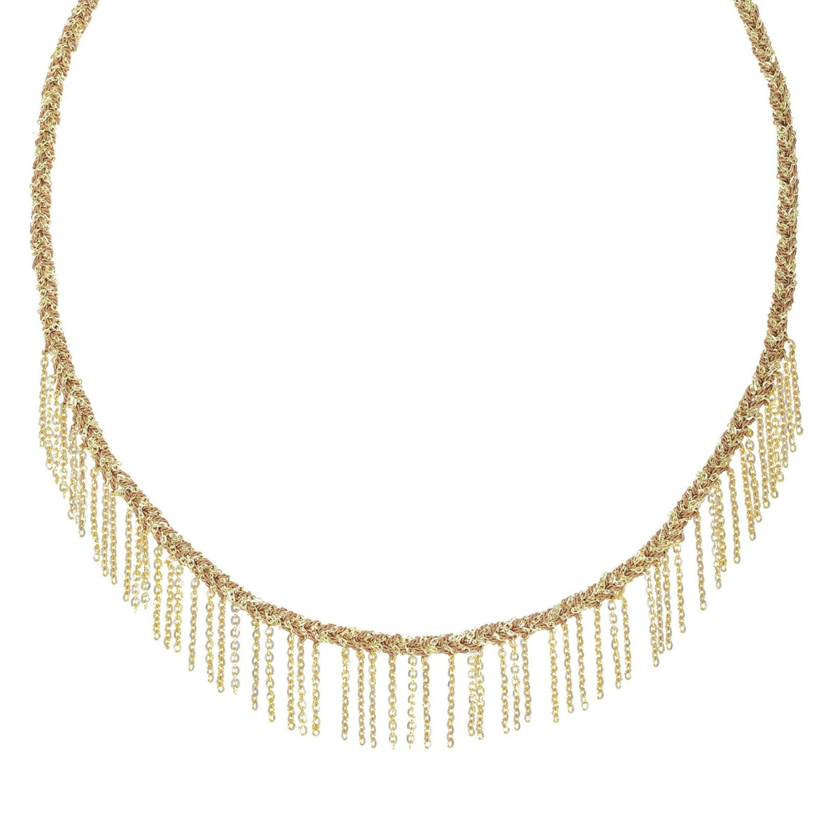Gold Vermeil Chain & Beige Silk Woven Necklace with Center Chain "Fringe" Section - Peridot Fine Jewelry - Marie Laure Chamorel