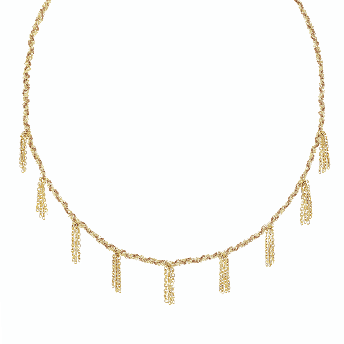 Gold Vermeil Chain & Beige Silk Woven Necklace with Nine Chain "Fringe" Stations - Peridot Fine Jewelry - Marie Laure Chamorel