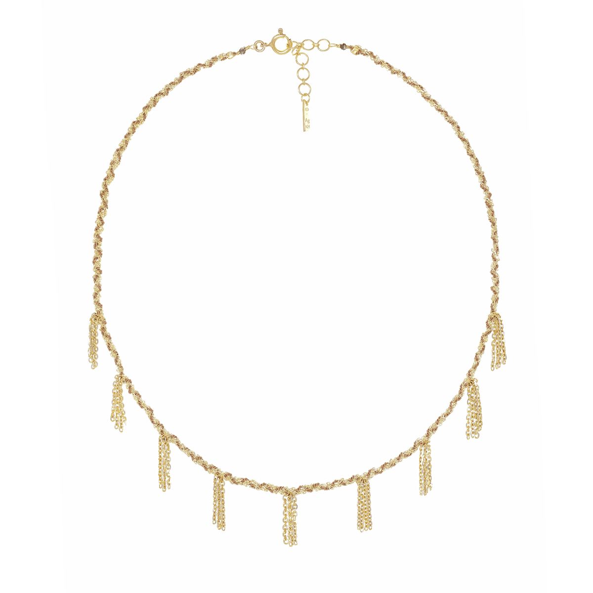 Gold Vermeil Chain & Beige Silk Woven Necklace with Nine Chain "Fringe" Stations - Peridot Fine Jewelry - Marie Laure Chamorel