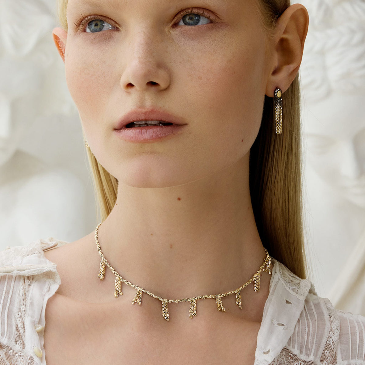 Gold Vermeil Chain & Beige Silk Woven Necklace with Nine Chain "Fringe" Stations - Peridot Fine Jewelry - Marie Laure Chamorel