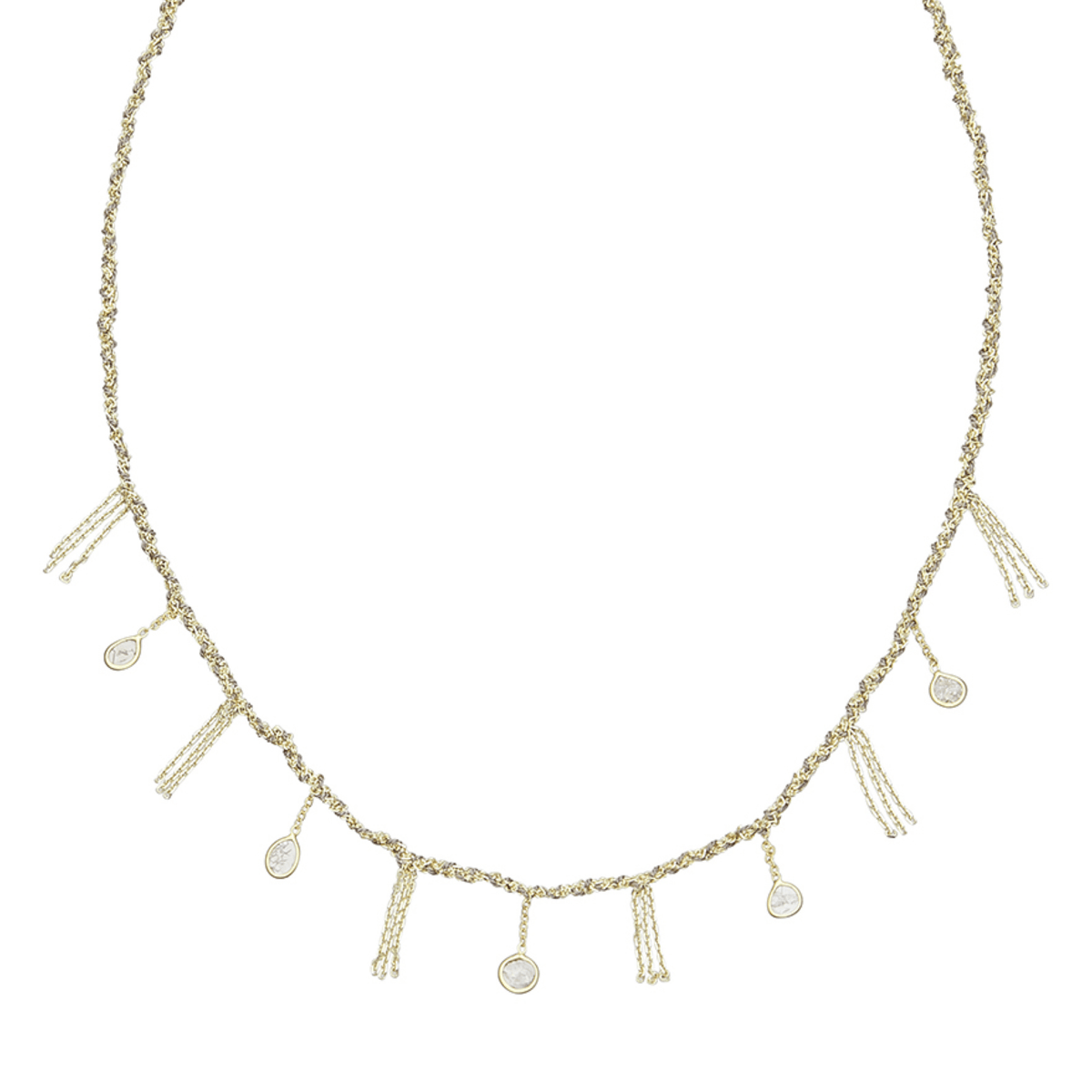 Gold Vermeil Chain &amp; Grey Silk Woven Necklace Featuring Five Bezel-Set Grey Diamond Slice Drops &amp; Chain "Fringe" Stations - Peridot Fine Jewelry - Marie Laure Chamorel