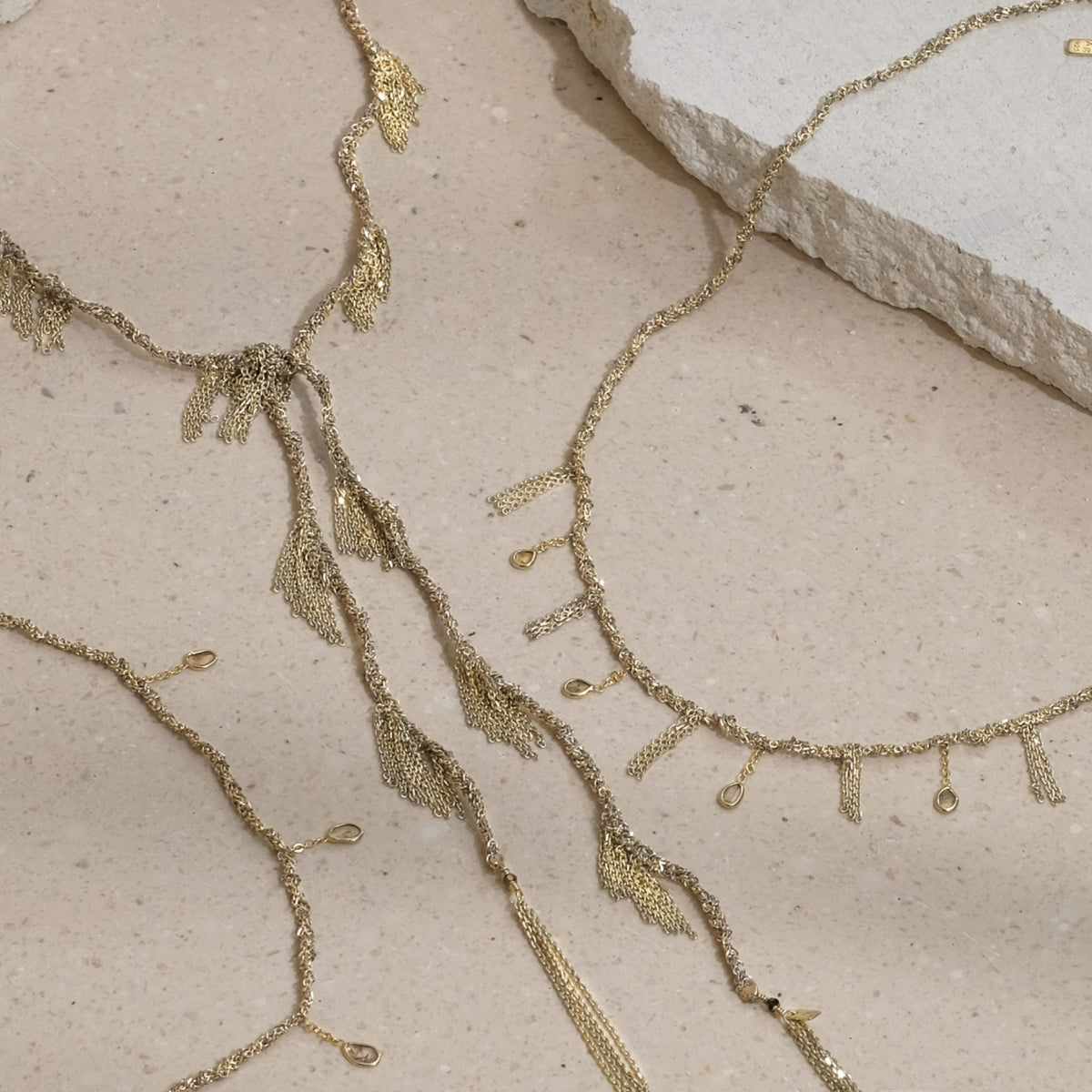 Gold Vermeil Chain &amp; Grey Silk Woven Necklace Featuring Five Bezel-Set Grey Diamond Slice Drops &amp; Chain "Fringe" Stations - Peridot Fine Jewelry - Marie Laure Chamorel
