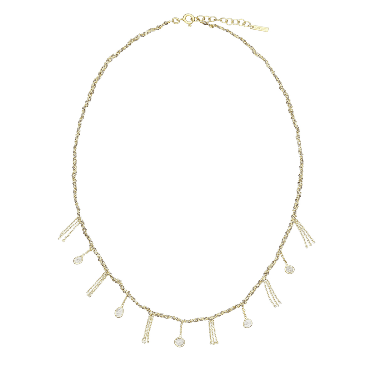 Gold Vermeil Chain &amp; Grey Silk Woven Necklace Featuring Five Bezel-Set Grey Diamond Slice Drops &amp; Chain "Fringe" Stations - Peridot Fine Jewelry - Marie Laure Chamorel