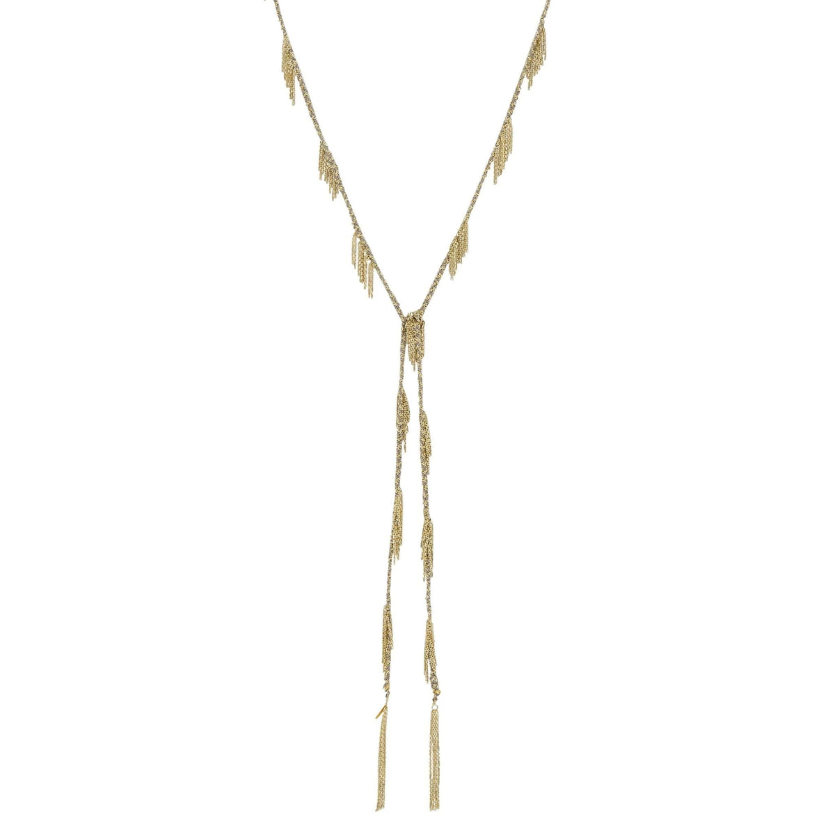 Gold Vermeil Chain &amp; Grey Silk Yarn Thin Braided Lariat Necklace with Multi - Strand Fringe Stations - Peridot Fine Jewelry - Marie Laure Chamorel