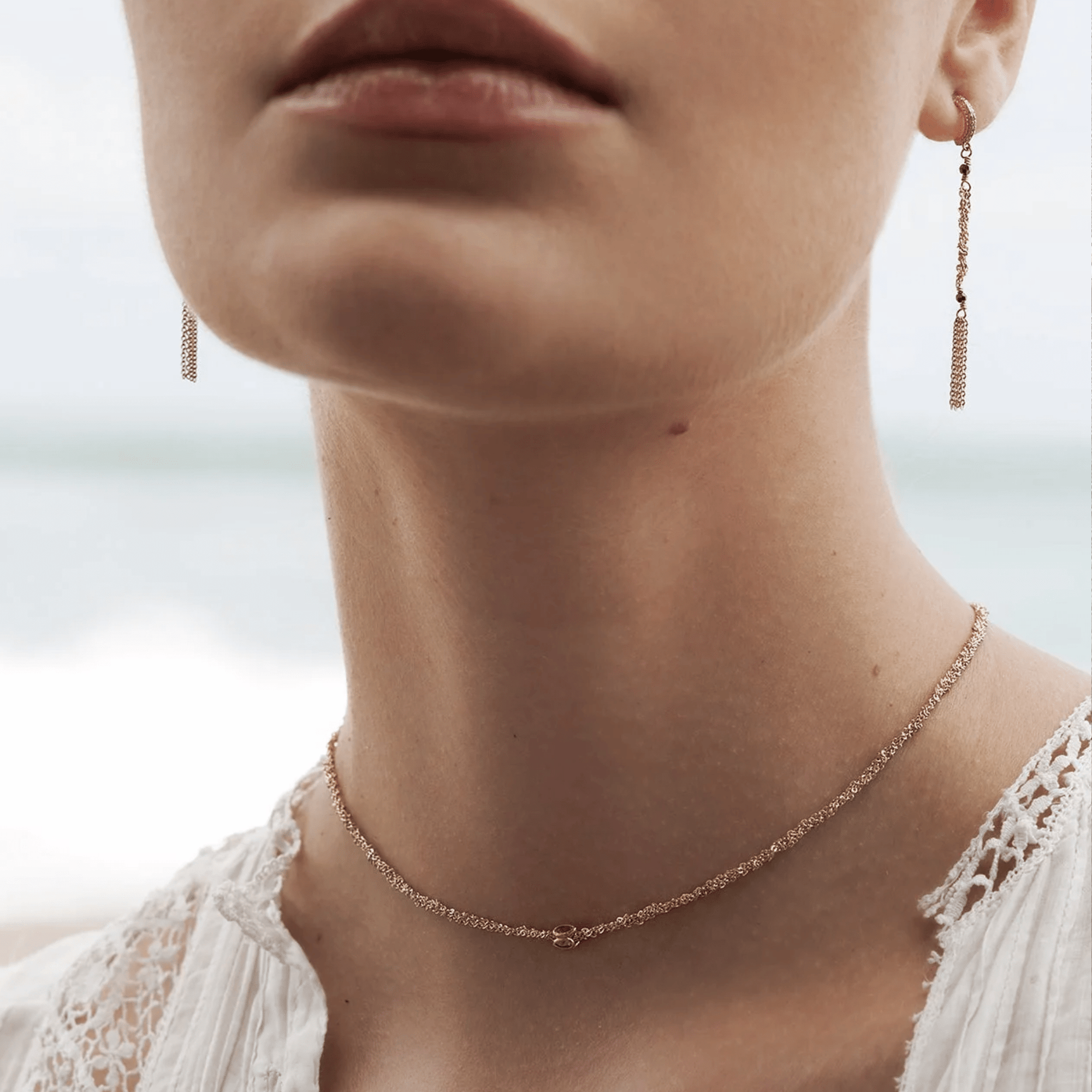 Gold Vermeil Chain Woven Necklace with Center Polki Diamond Rondelle Bead - Peridot Fine Jewelry - Marie Laure Chamorel