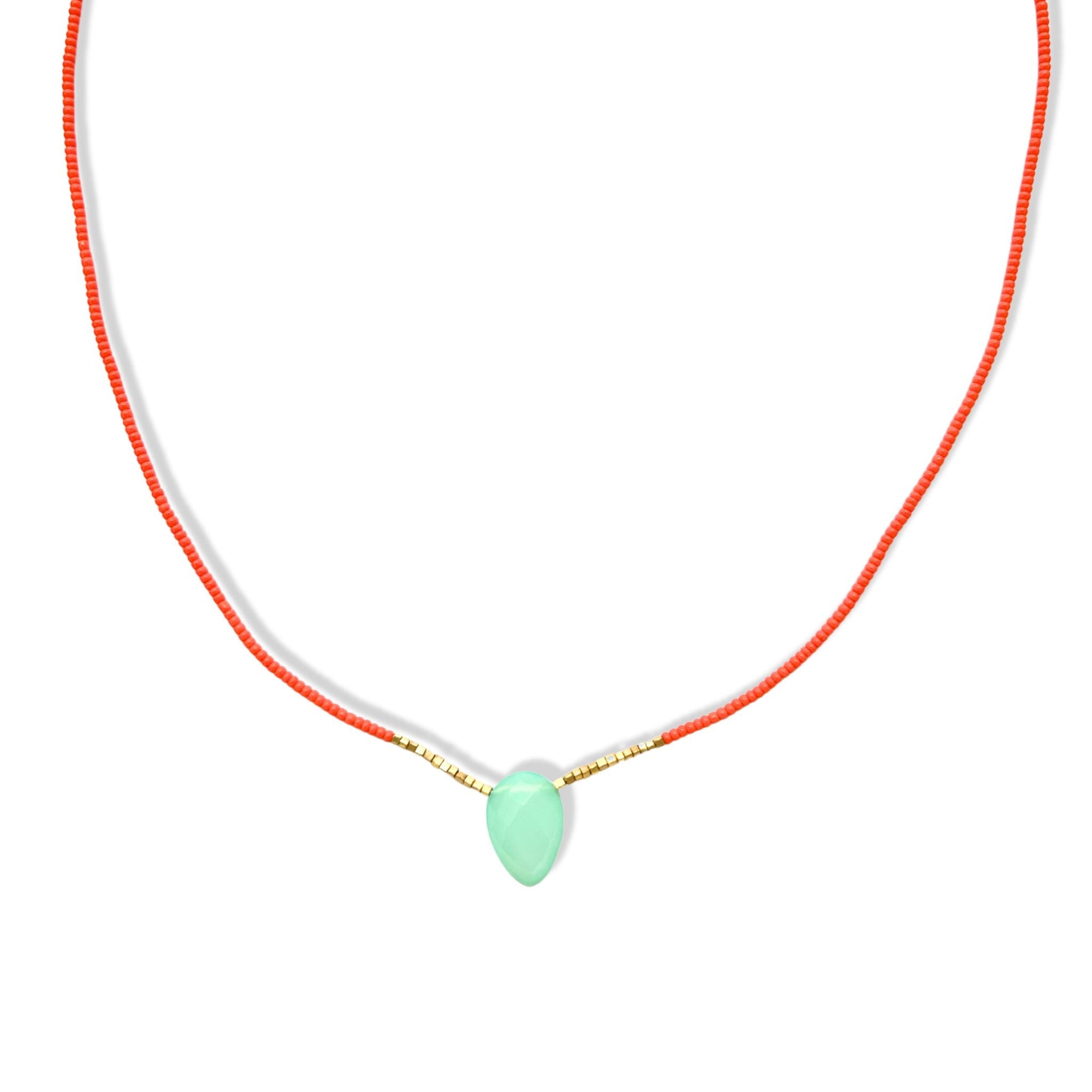 Gold Vermeil &amp; Coral Seed Beaded Necklace with Faceted Turquoise Teardrop Pendant - Peridot Fine Jewelry - Debbie Fisher