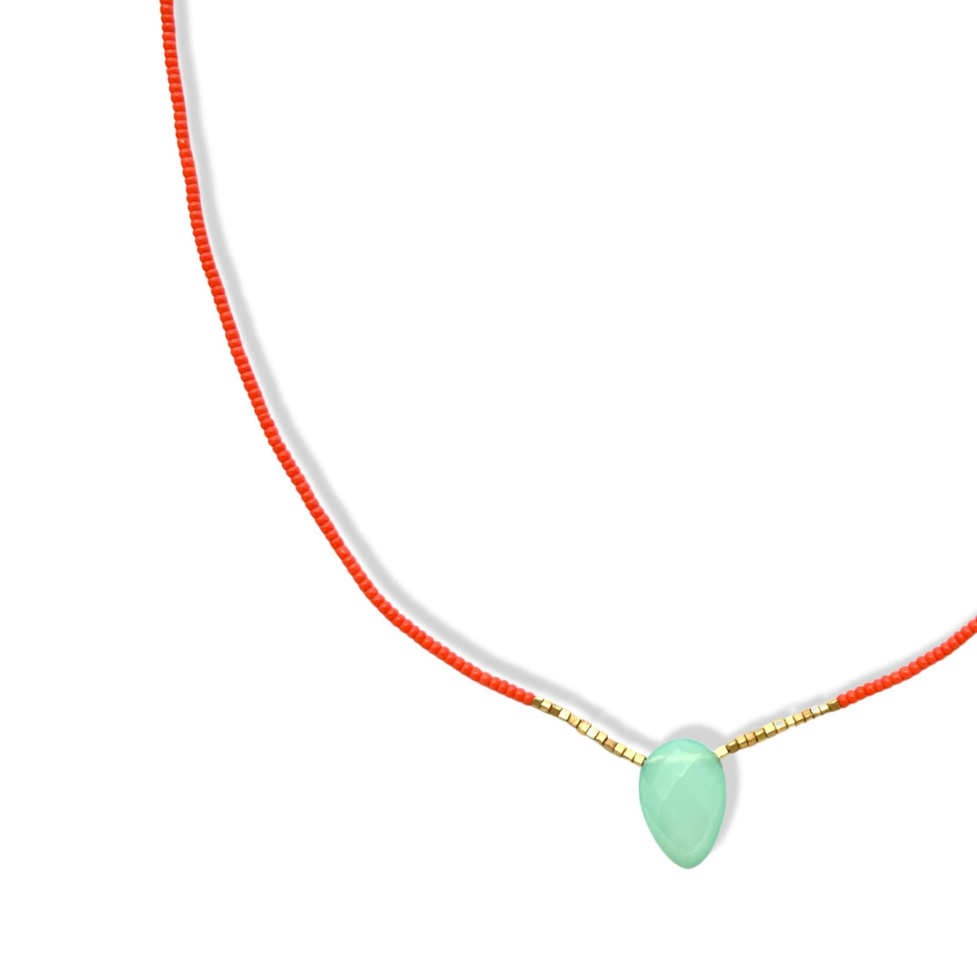 Gold Vermeil &amp; Coral Seed Beaded Necklace with Faceted Turquoise Teardrop Pendant - Peridot Fine Jewelry - Debbie Fisher